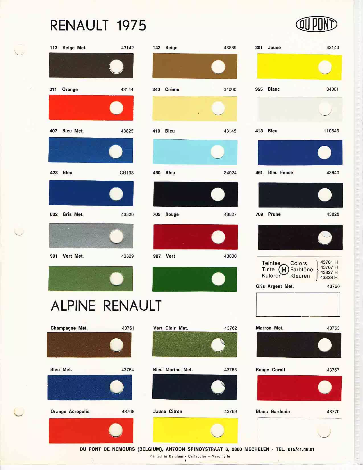 A paint chart for exterior colors, their codes, their names, and swatches for Renault automobiles.