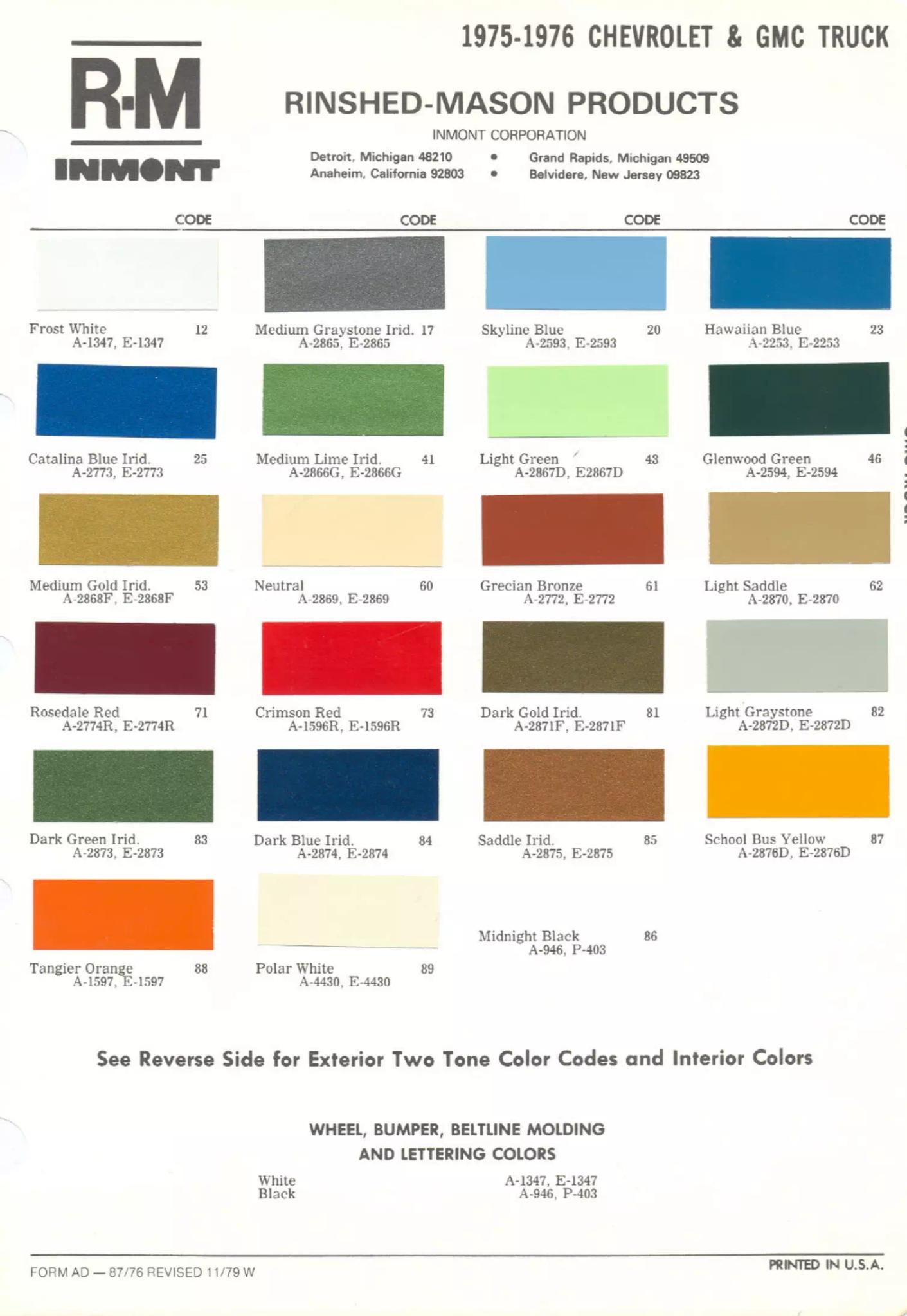 1970 to 1979 GM Paint Codes and Color Charts