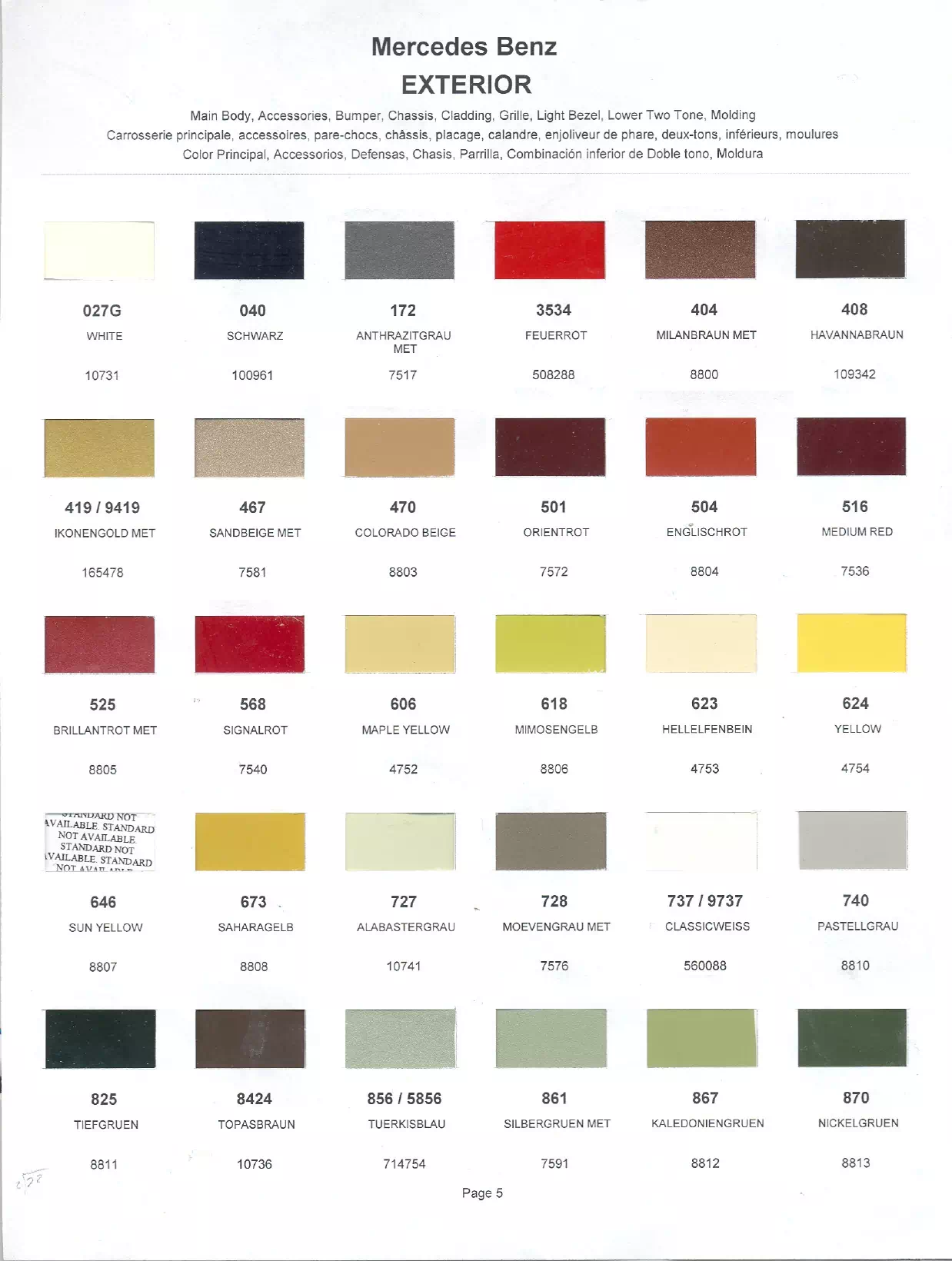 Color swatches that represent colors used on Mercedes Benz automobiles.  Color codes, Paint swatches, Ordering Stock numbers  and Color Names for Mercedes Benz automobiles