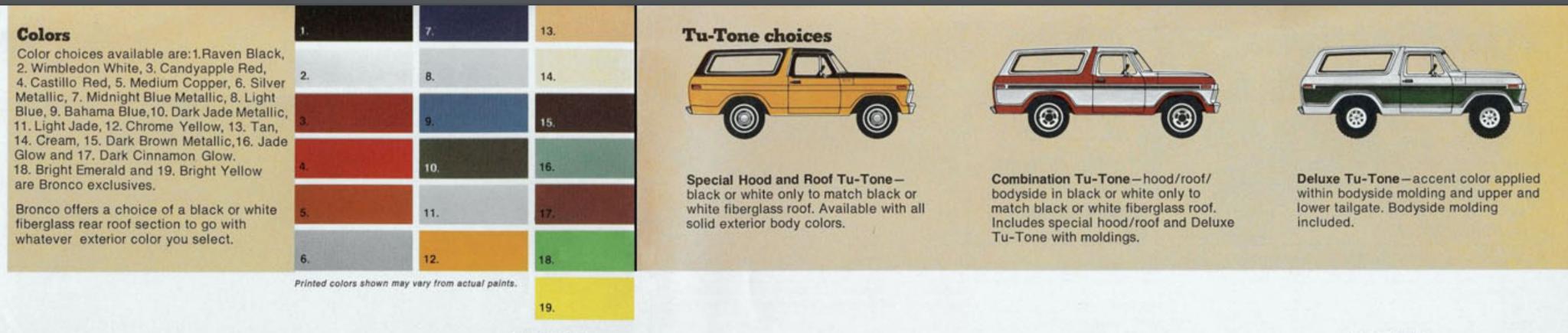 1978 Ford Bronco color shades for the exterior of the vehicle