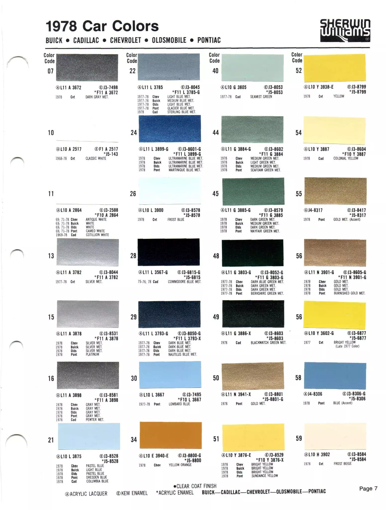 Colors, Descriptions, Codes, and Paint Swatches for General Motors Vehicles in 1978