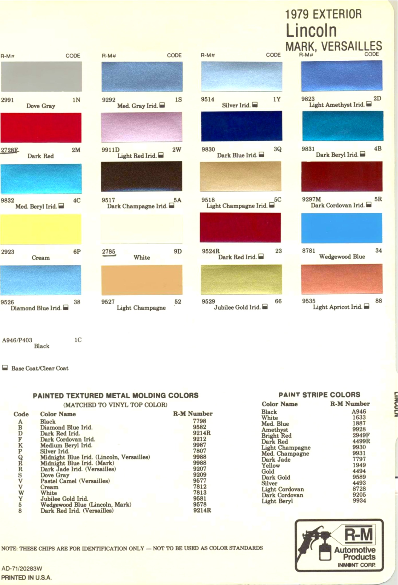 1979 Ford Motor Company paint codes, color swatches, and mixing stock numbers for repair of the vehicles