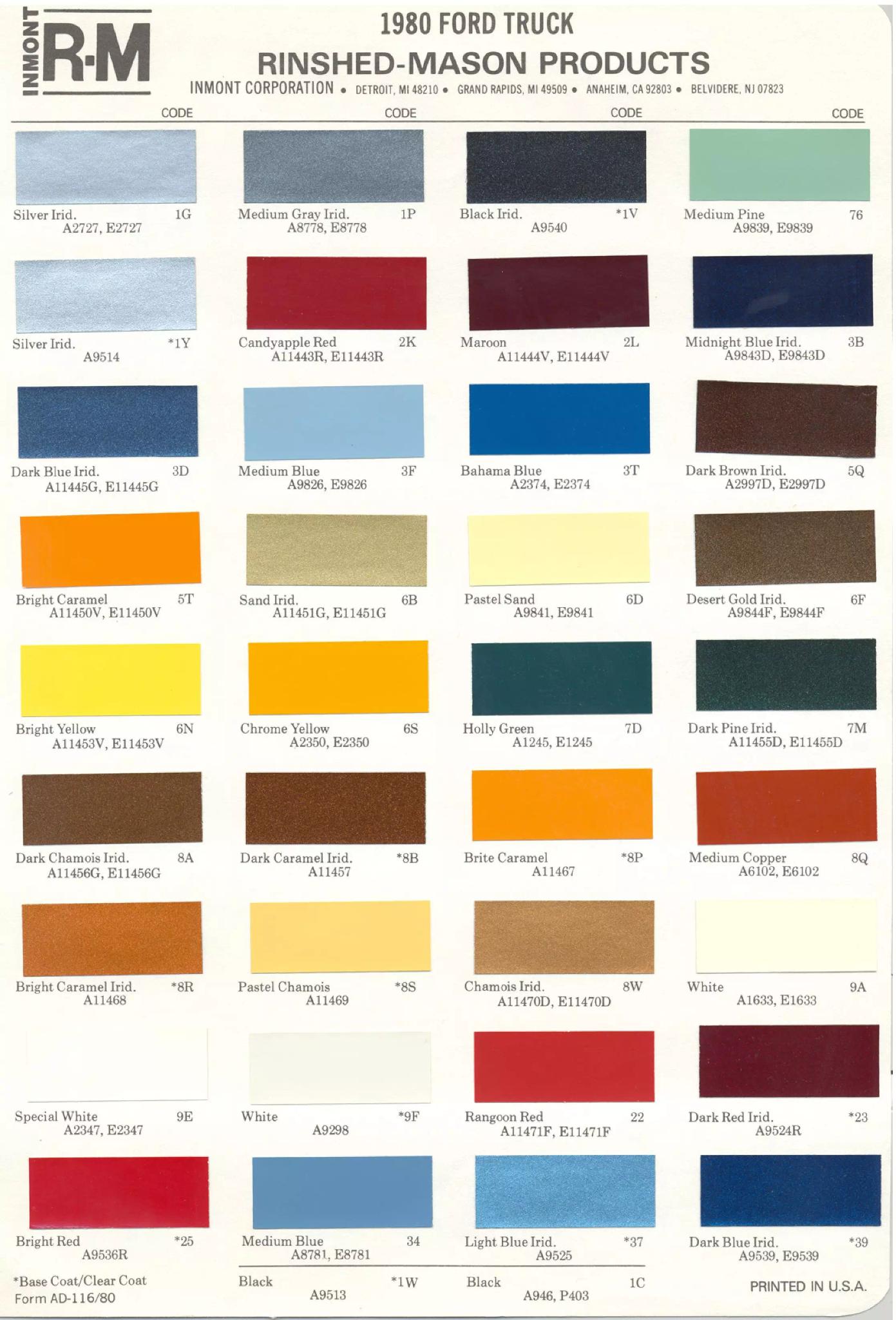 colors and codes used in 1980 on Ford Pickup Trucks