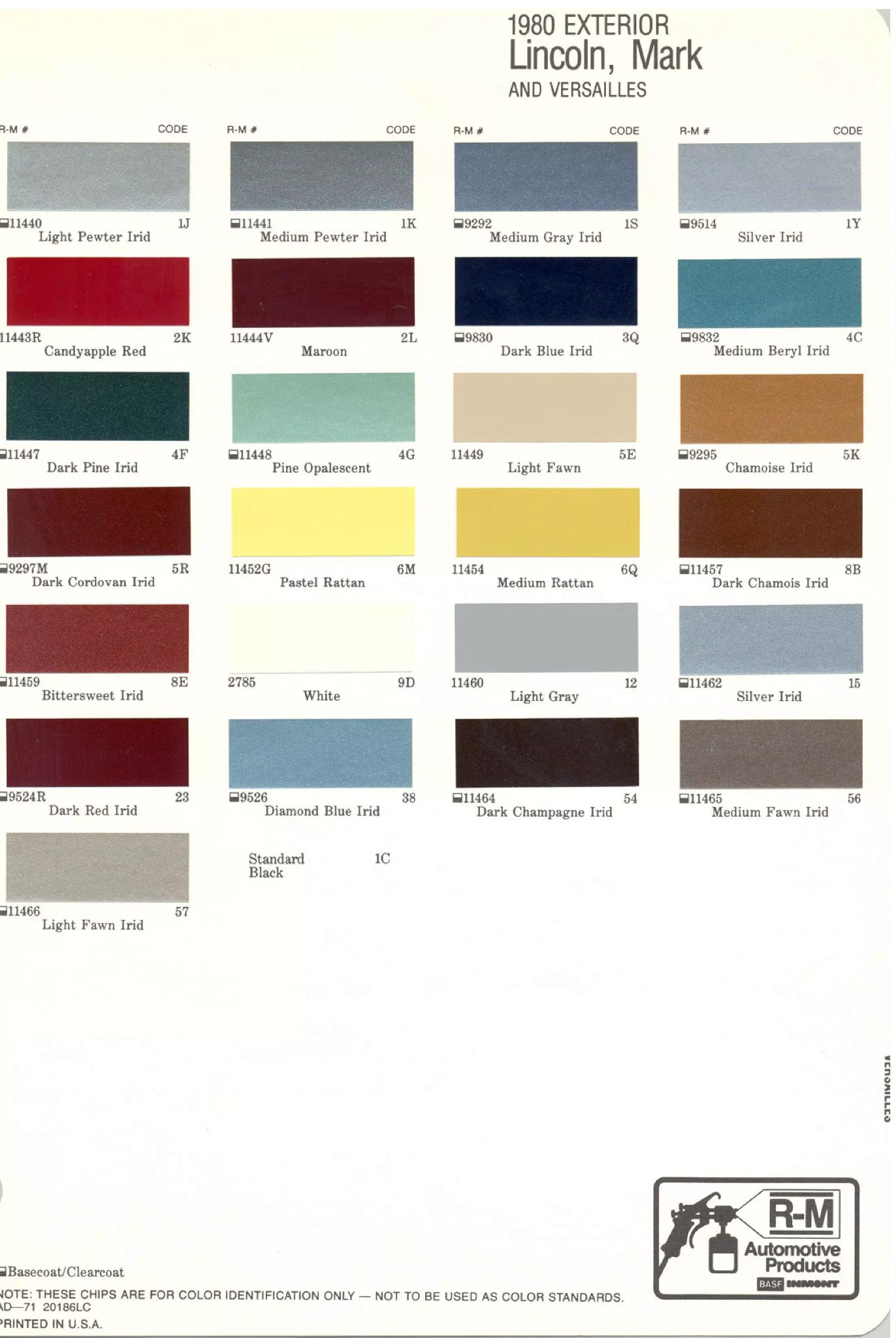 Colors used on Lincoln exterior vehicles in 1980
