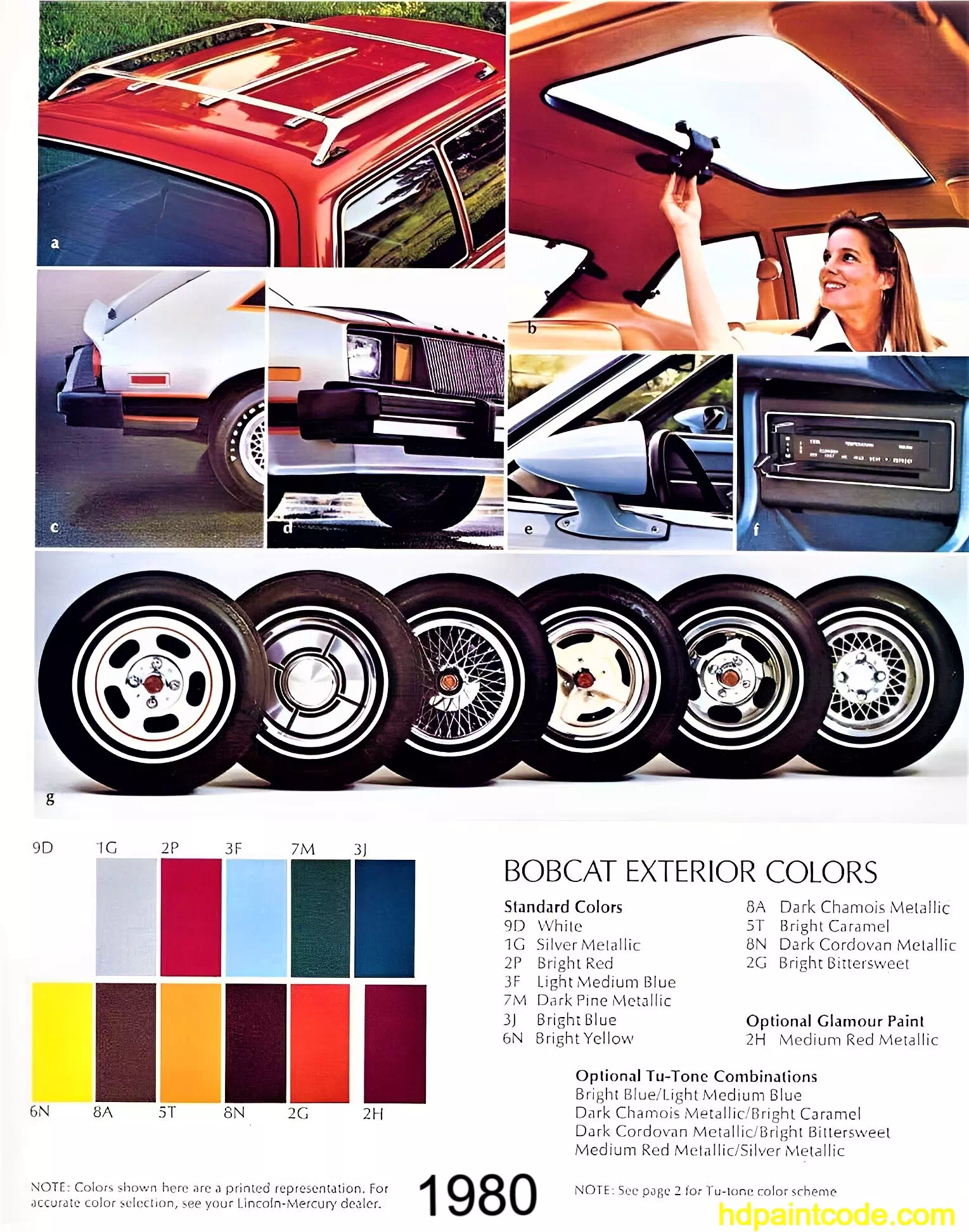 Paint codes, Exterior Colors, and Vehicle Rims used on the 1980 Mercury Bobcat automobiles