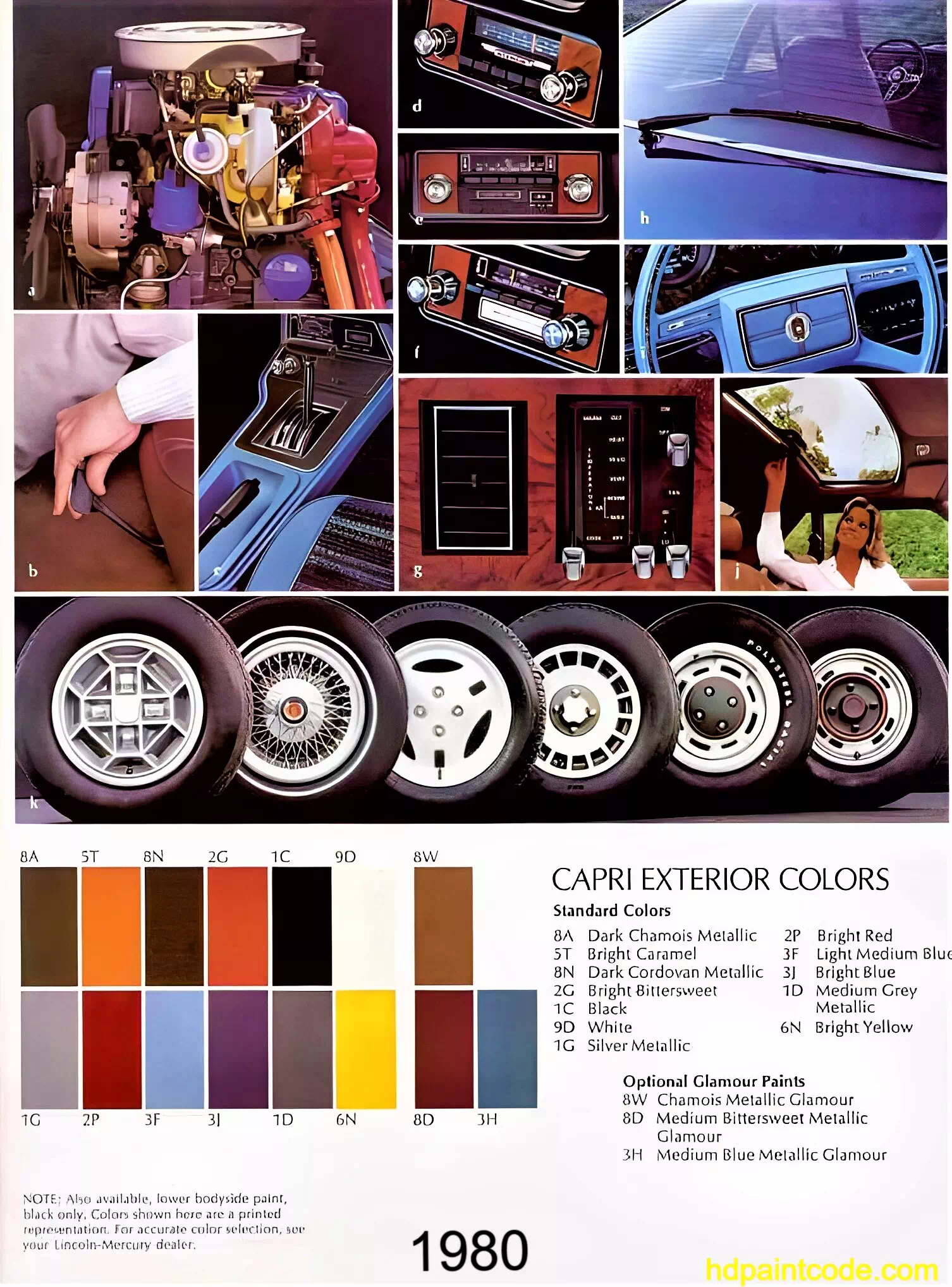 Paint codes, Exterior Colors, and Vehicle Rims used on the 1980 Mercury Capri automobiles