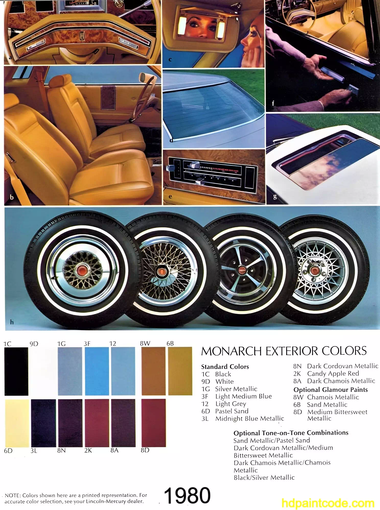 Paint codes, Exterior Colors, and Vehicle Rims used on the 1980 Mercury Monarch automobiles
