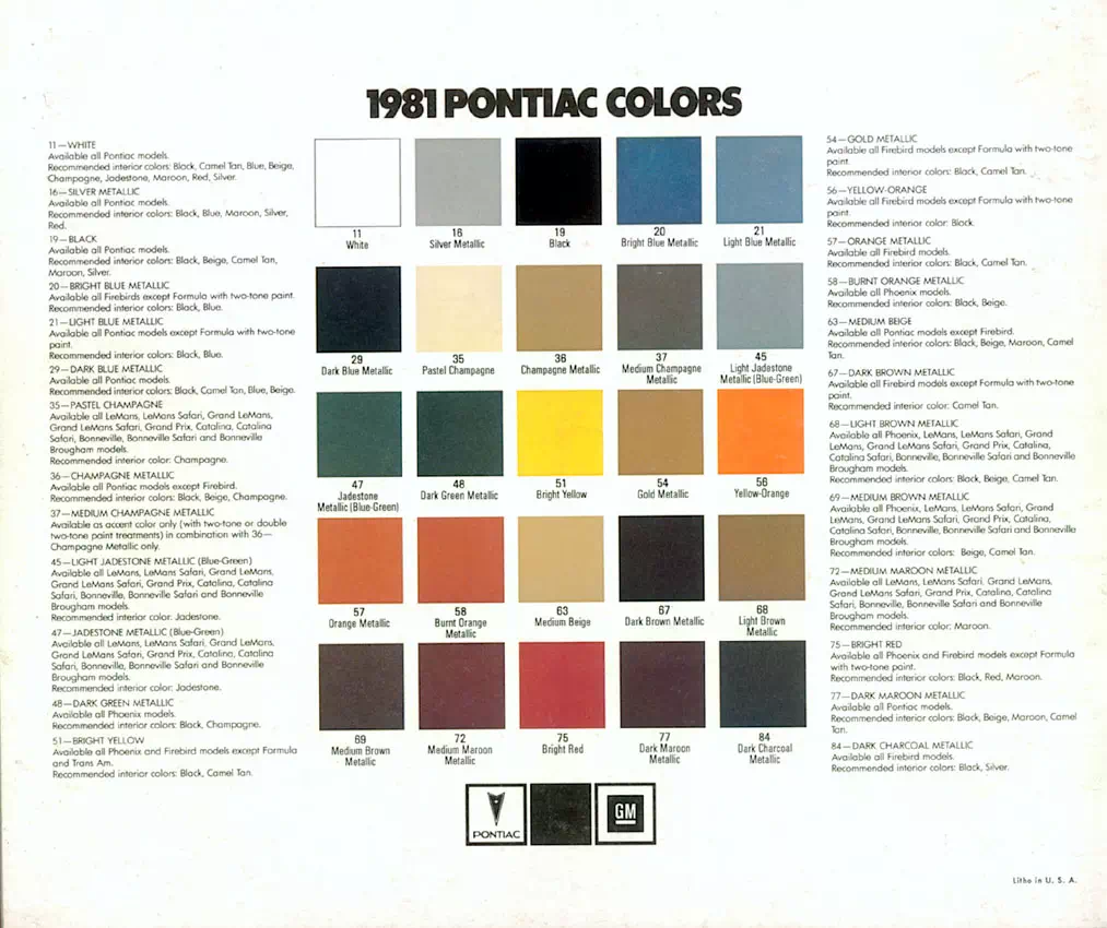 MINT 1995 Pontic brochure W/Color chart 