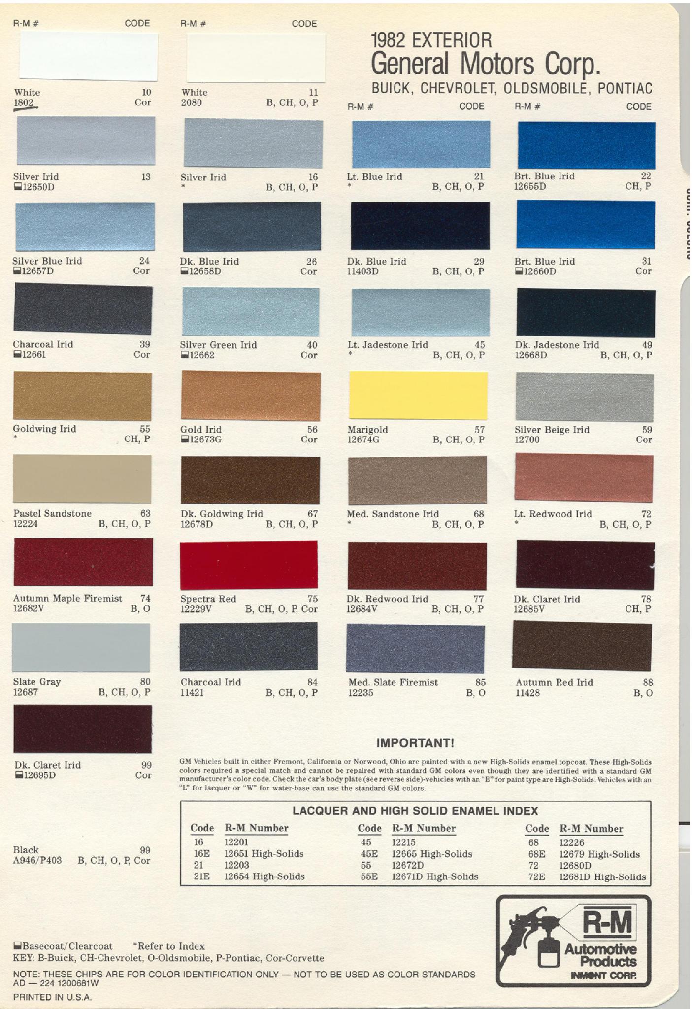 Exterior Colors and Codes used on Pontiac, Chevrolet, Oldsmobile, and Buick Vehicles