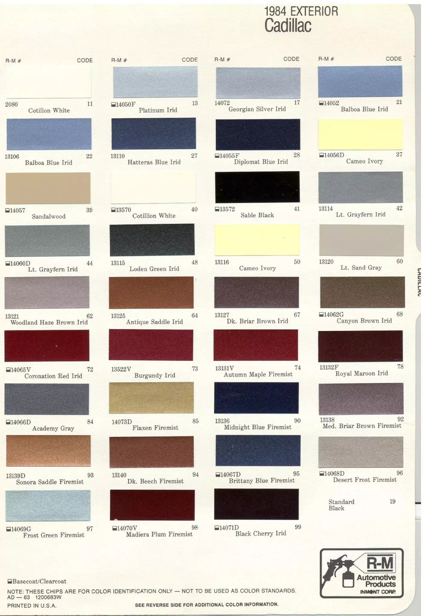 General Motors oem paint swatches, color codes and color names for 1984 vehicles.