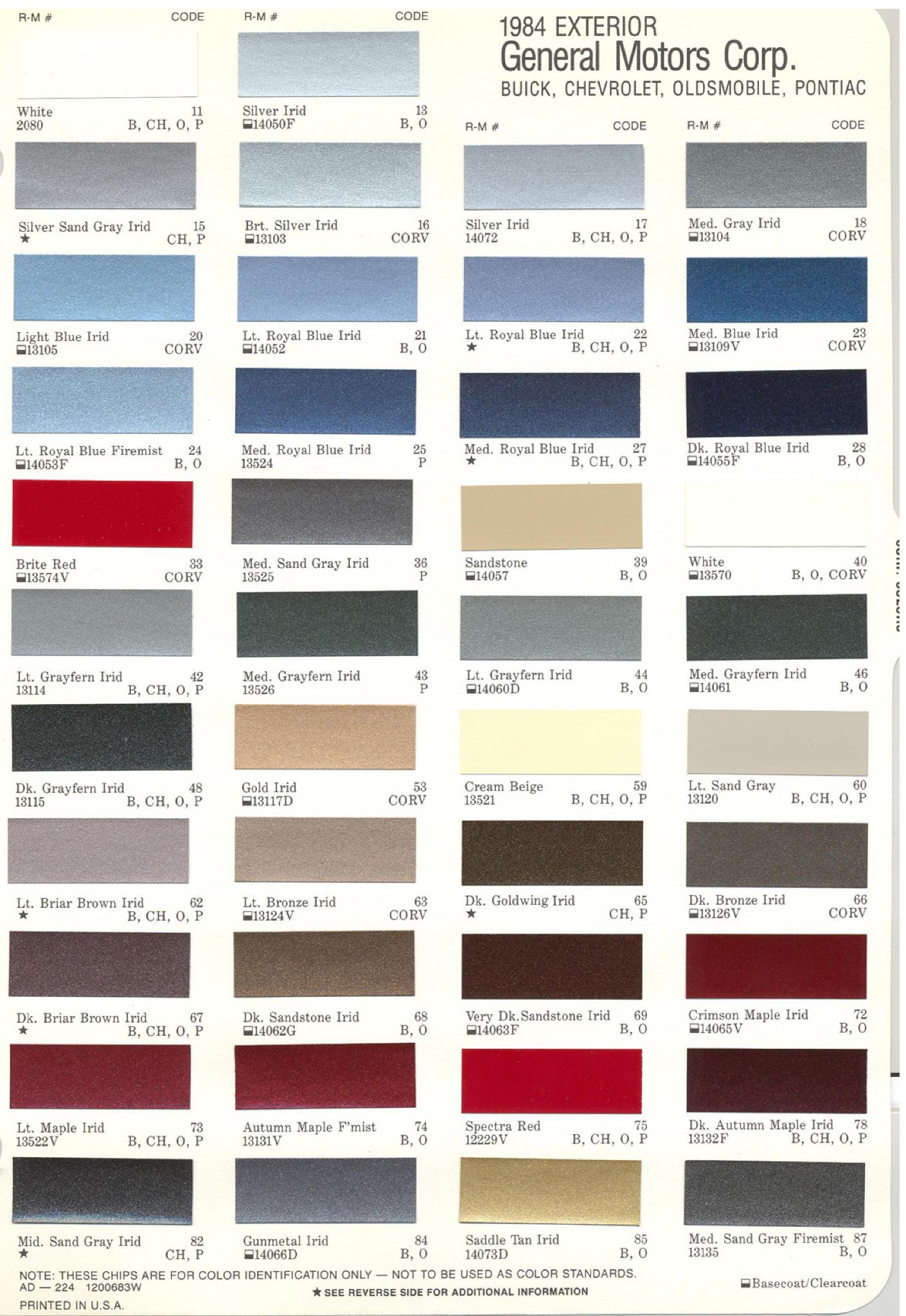 General Motors oem paint swatches, color codes and color names for 1984 vehicles.