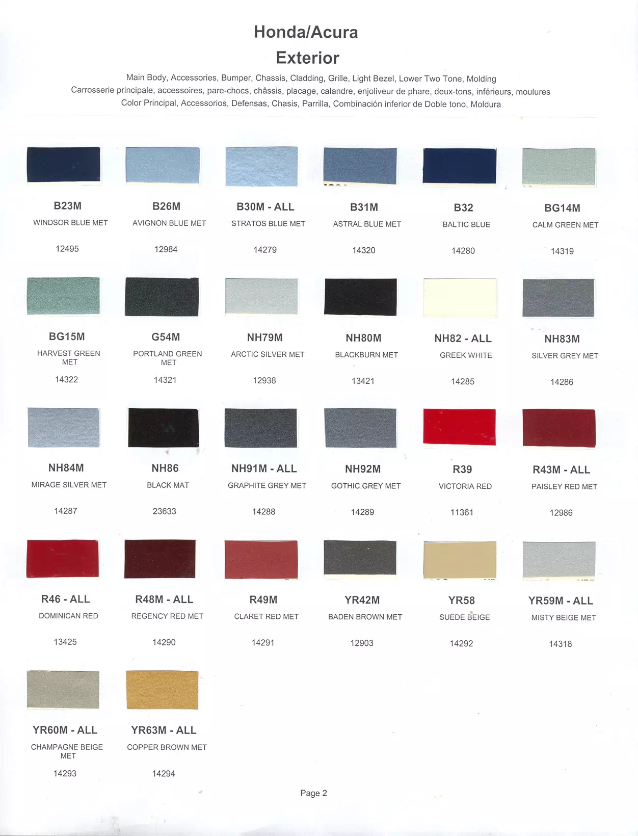 Exterior paint chips and their ordering codes for Honda Vehicles