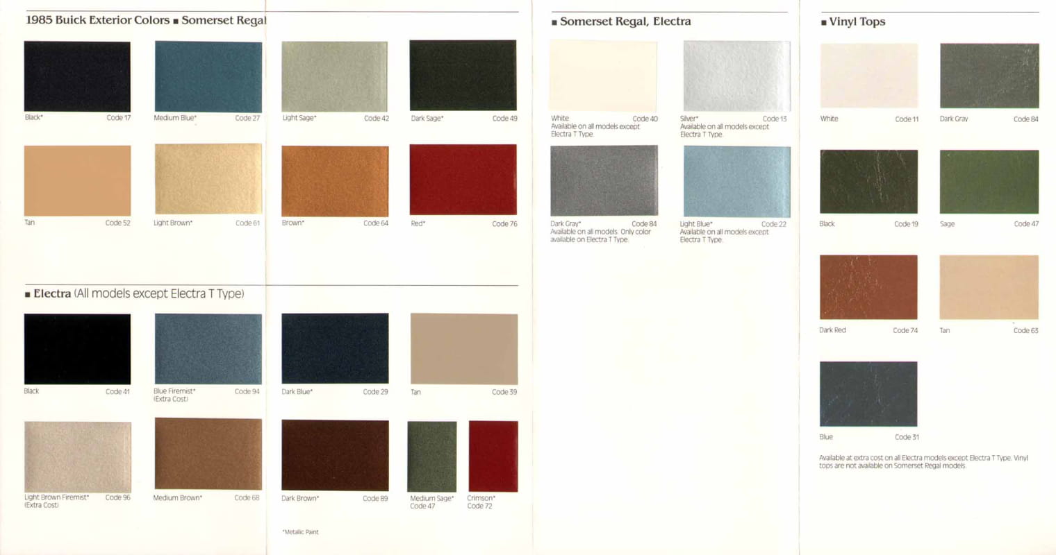 General Motors oem paint swatches, color codes and color names for 1985 vehicles.
