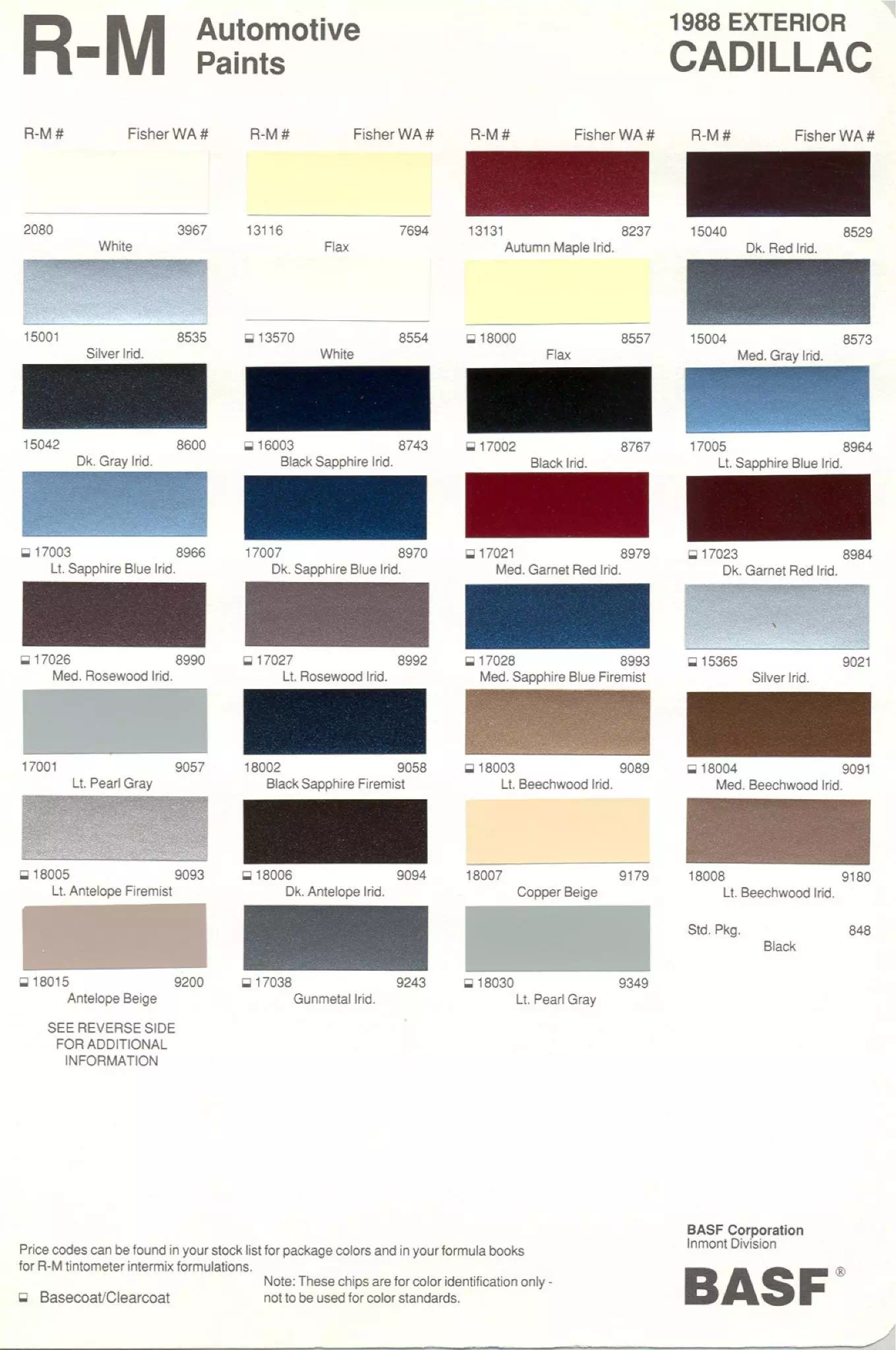 General Motors oem paint swatches, color codes and color names for 1988 vehicles.