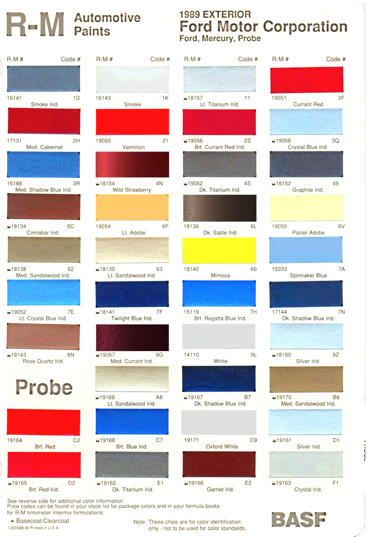 Ford Mercury and Ford Probe exterior colors and their ordering codes used in 1989