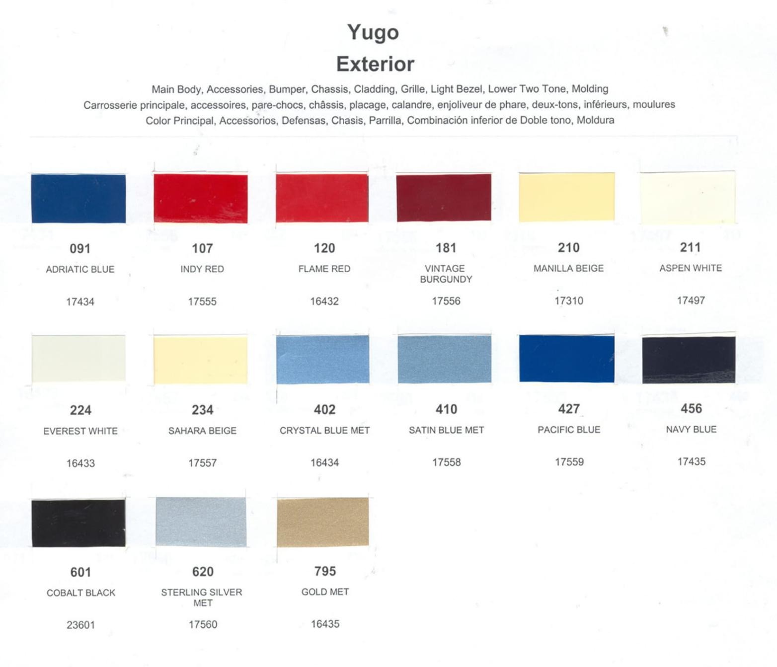 Exterior Colors and their paint codes used on Yugo in 1989