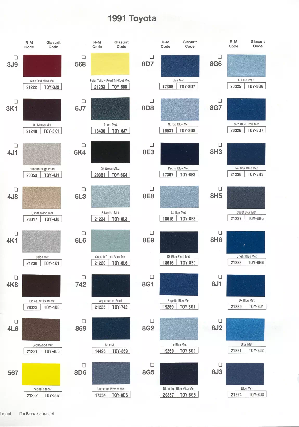 Oem paint codes and color examples for various models of 1991 Toyota & Lexus  vehicles 