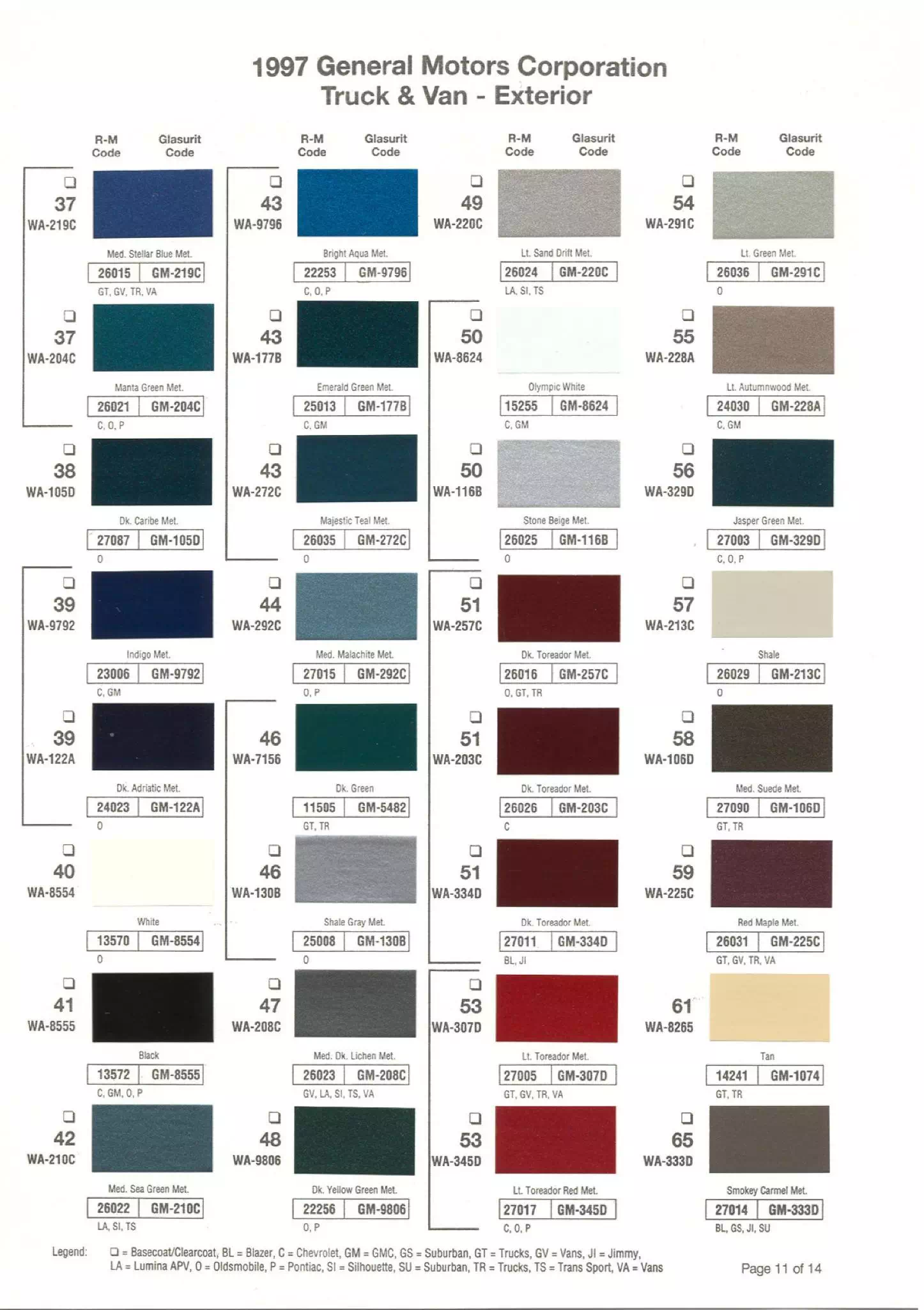 Paint Codes and Color Examples for 1997 Chevrolet, Cadillac, Buick, GMC, Oldsmobile, Pontiac & Saturn Vehicles.