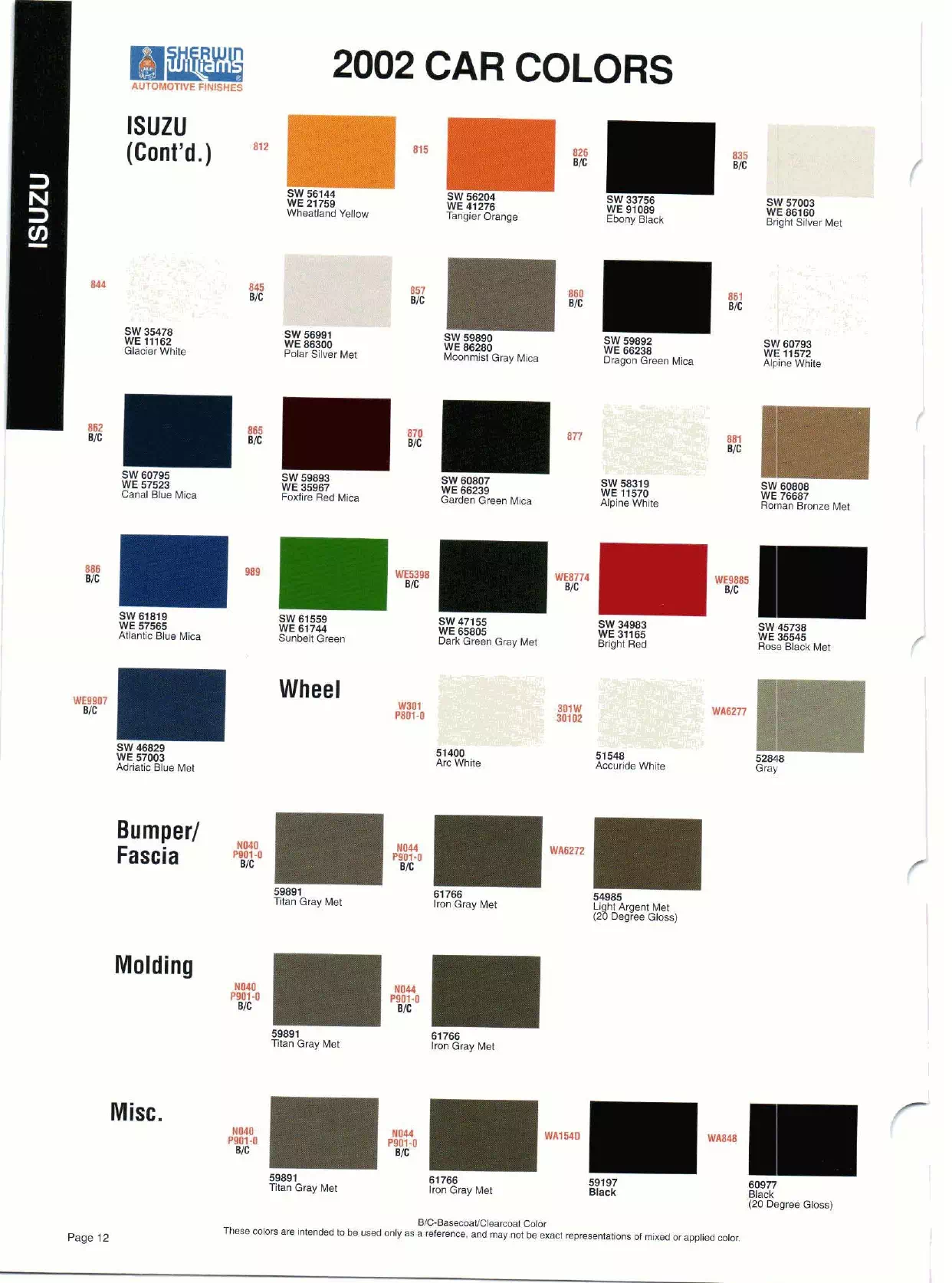 Color swatches, and their ordering paint codes for 2002 model vehicles