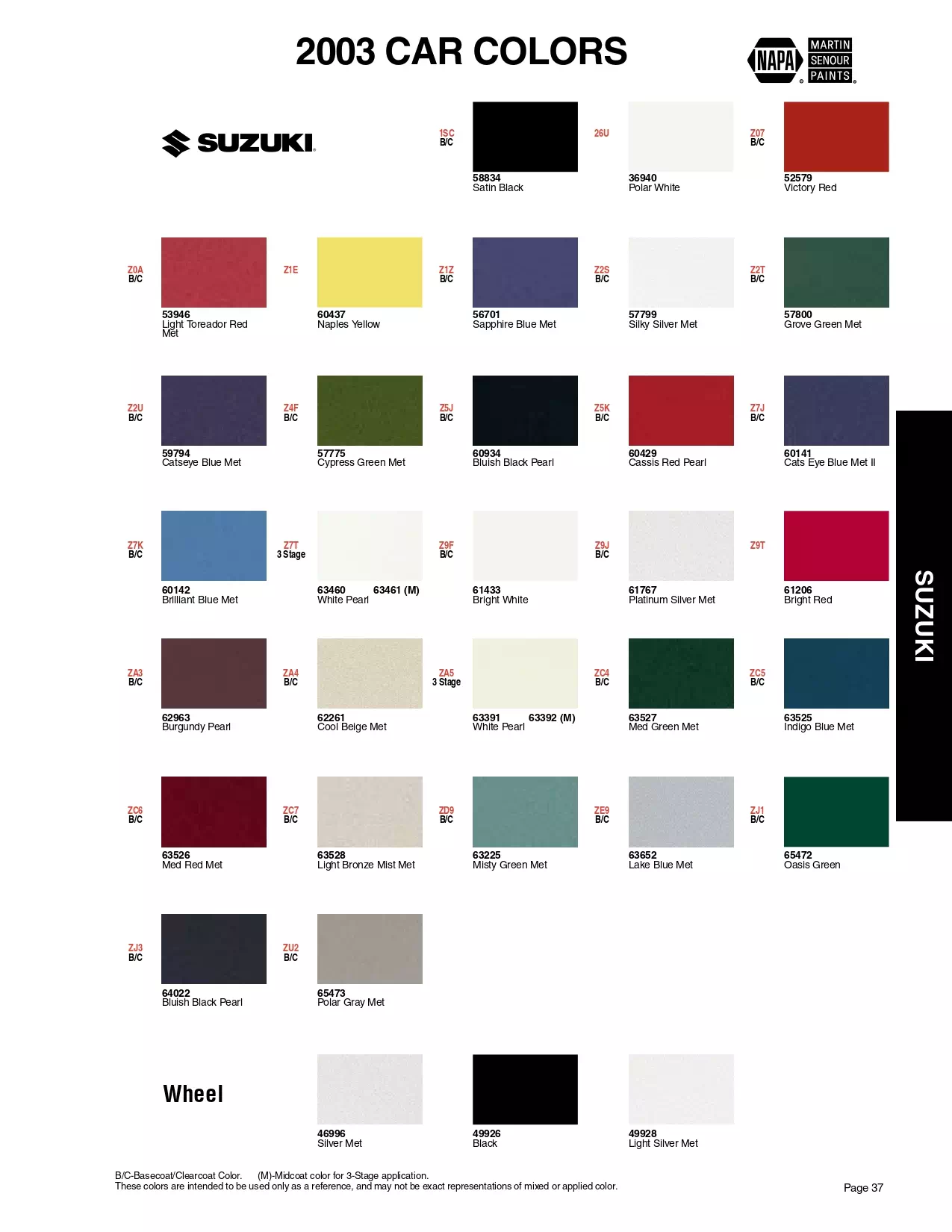 Color swatches, and their ordering paint codes for 2003 model vehicles