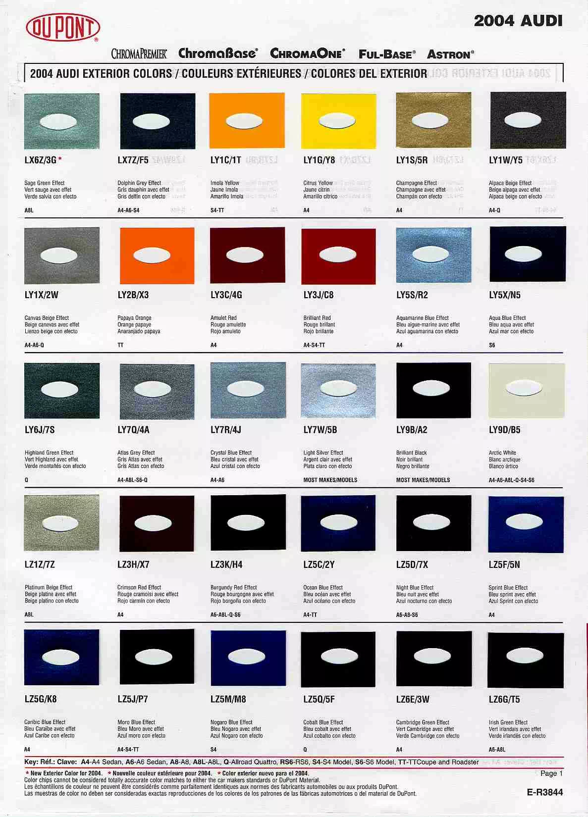 Audi exterior paint codes and their colors used on their vehicles