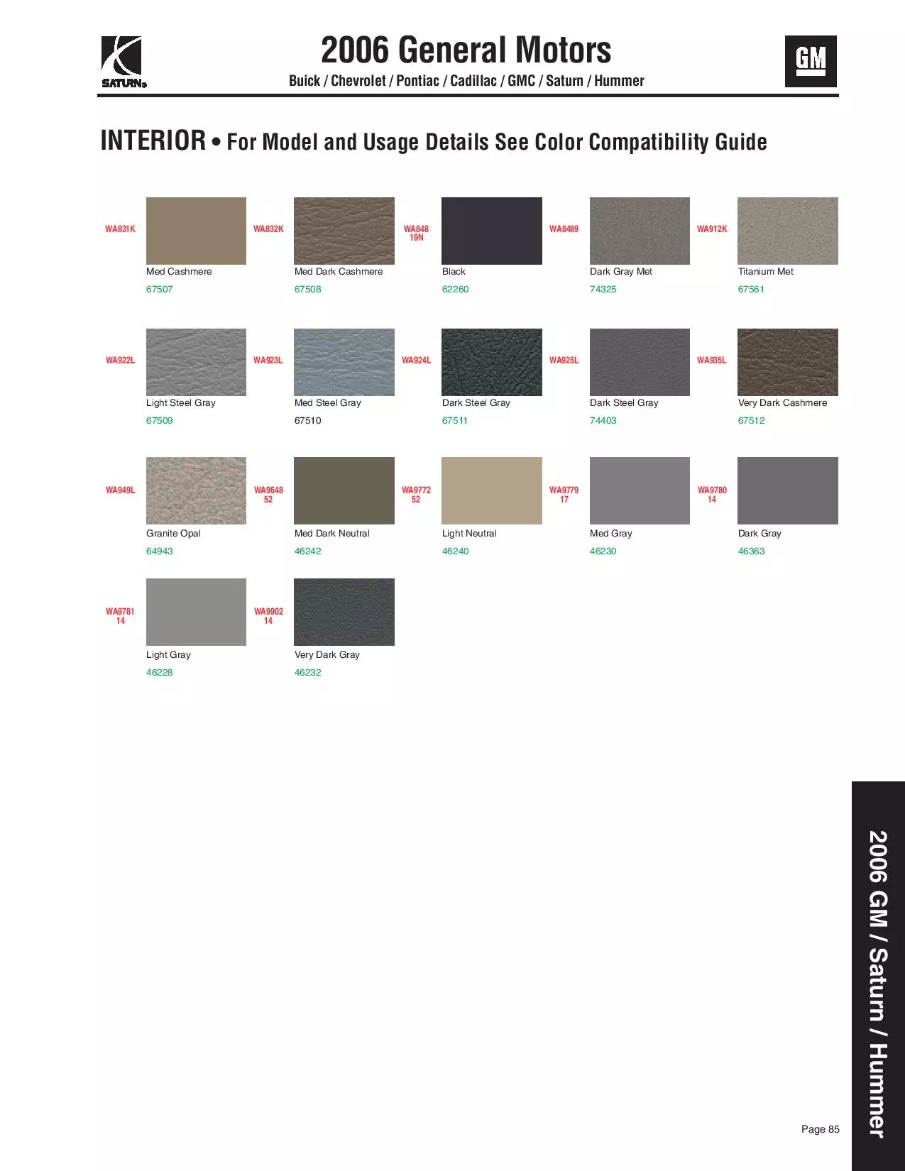 Paint Codes and colors for Buick, Cadillac, Chevy, GMC, Pontiac, and Saturn