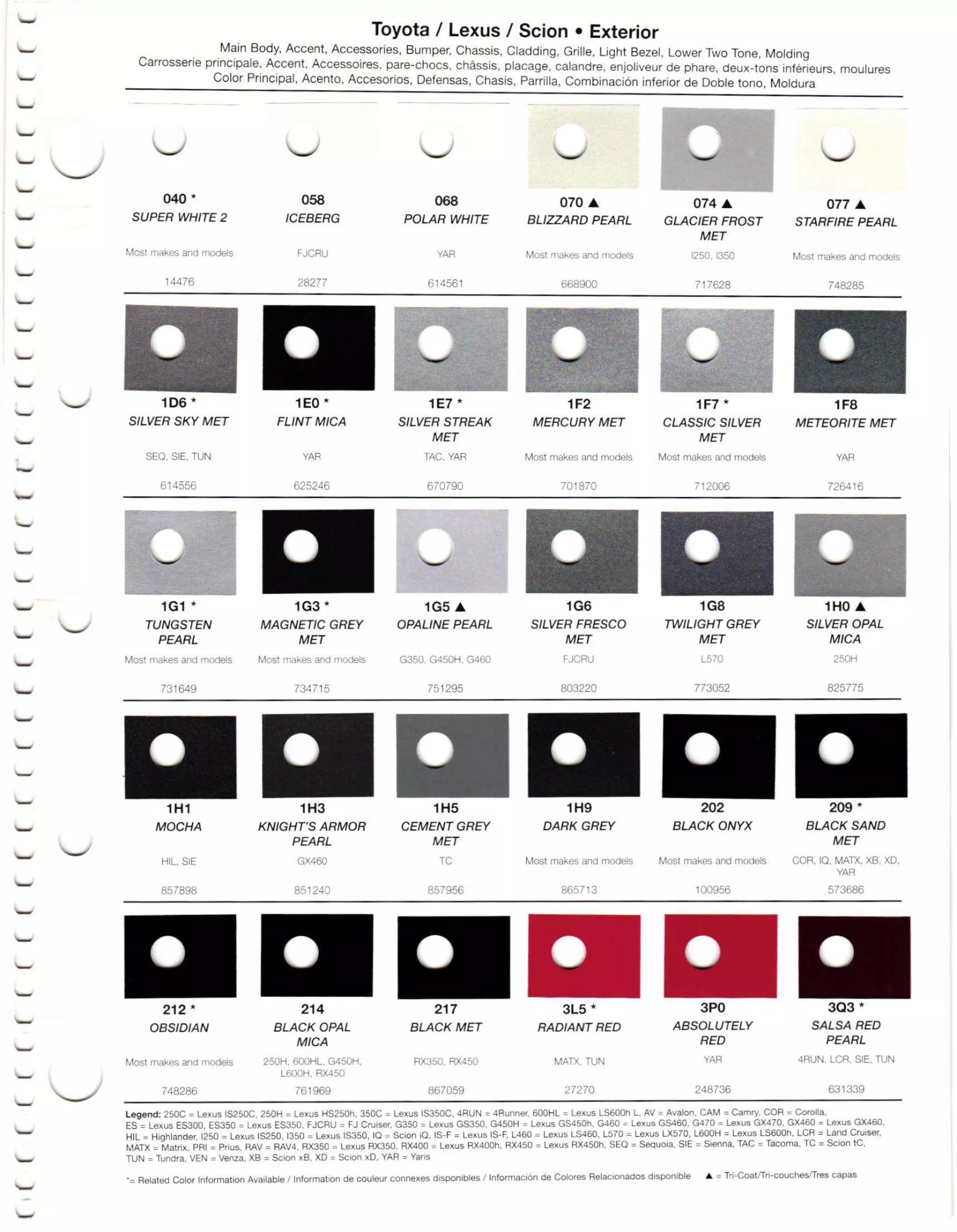 exterior, interior, wheel, and accent paint codes with paint chips used on toyota, lexus & scion vehicles