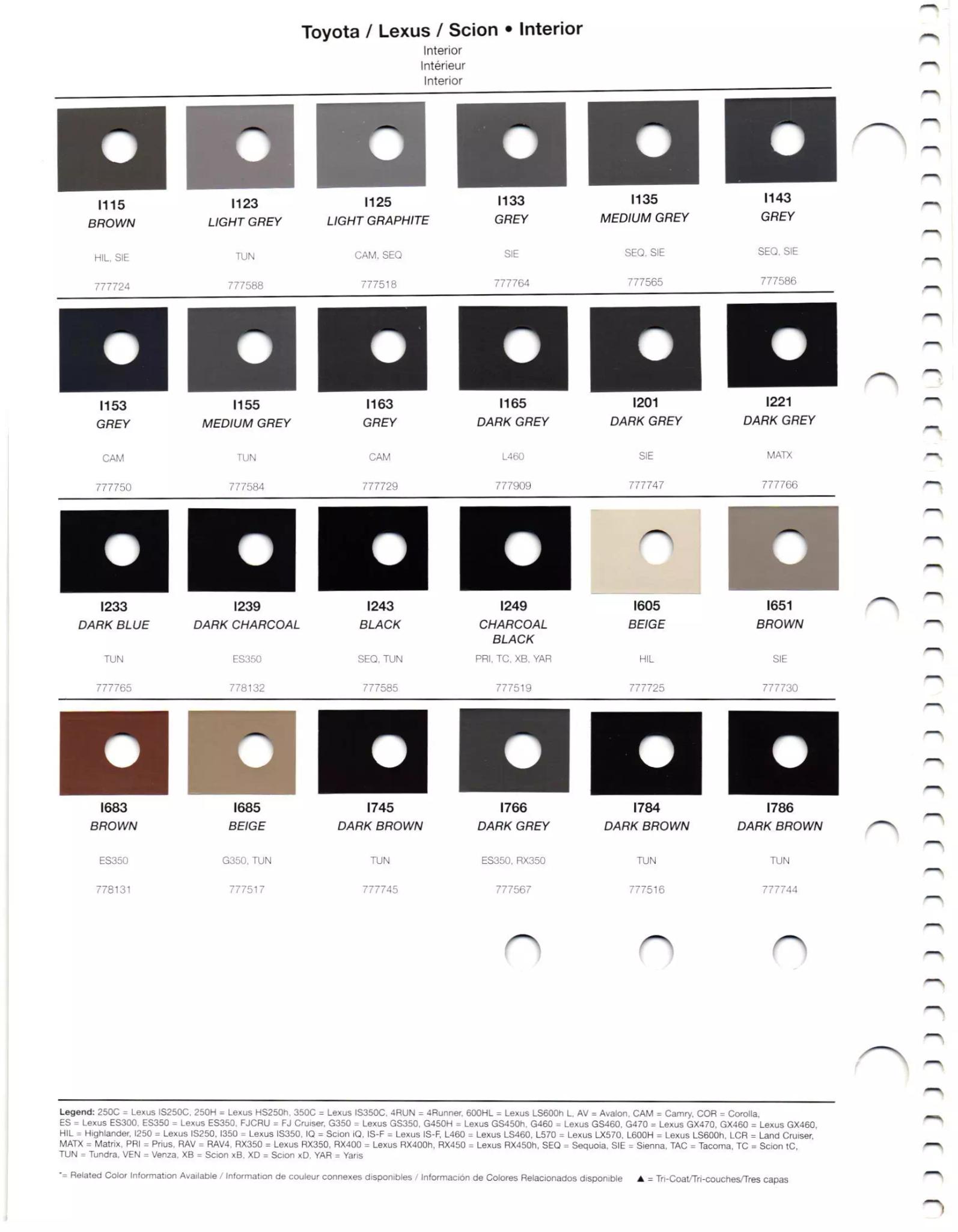 exterior, interior, wheel, and accent paint codes with paint chips used on toyota, lexus & scion vehicles