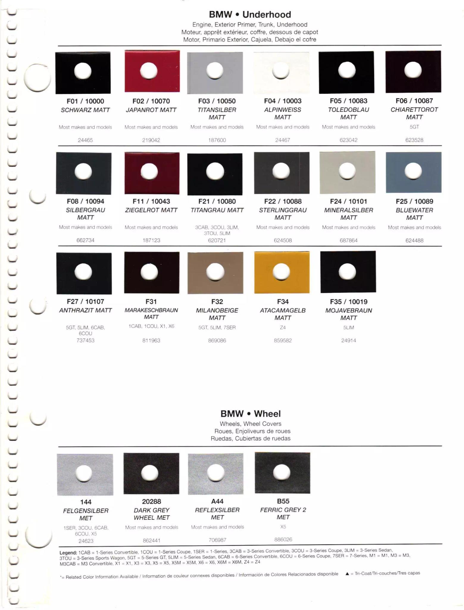 Underhood and Wheel paint codes for BMW Vehicles used in 2012.  Ordering codes, color shades, paint chips