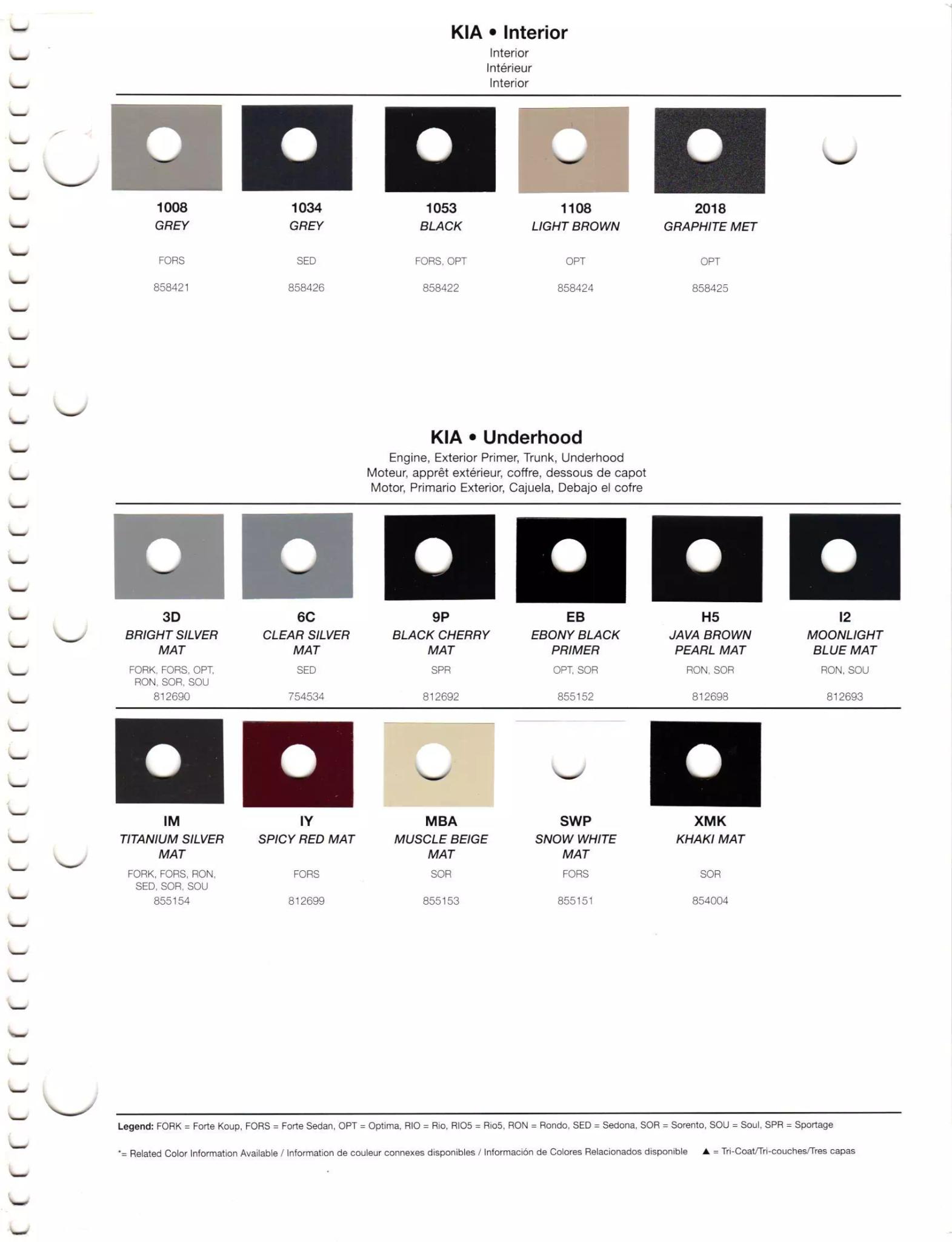 Color swatches and color codes/names for 2012 Kia's.