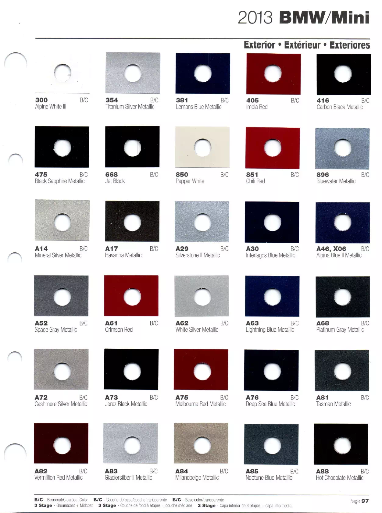 Paint swatches, paint codes, names for 2013 BMW Automobile
