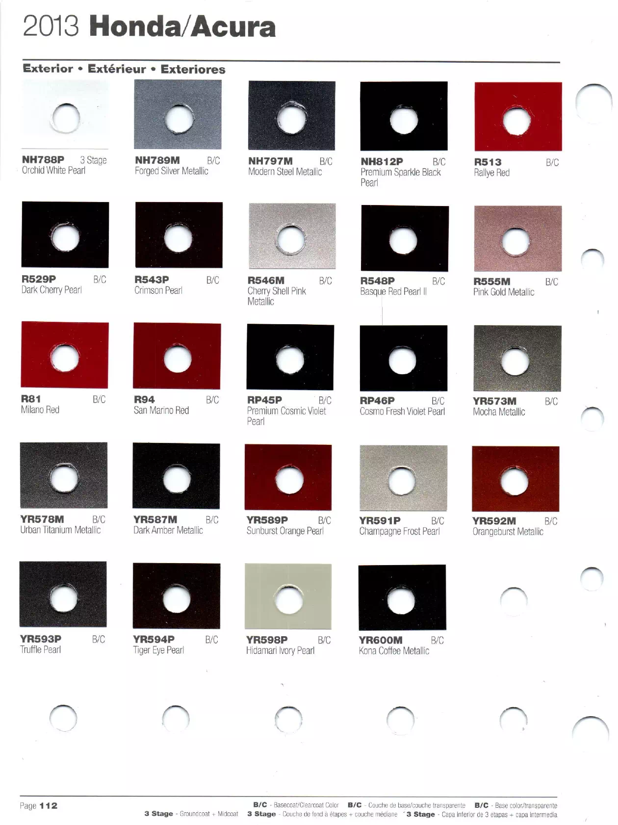 Honda and Acura exterior paint chip examples and their ordering codes for the 2013 vehicles