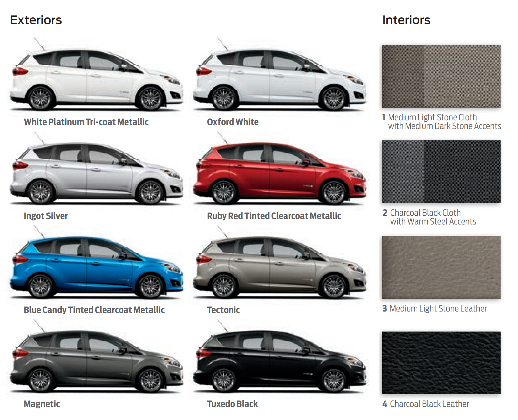 A picture showing exterior and interior paint samples for the 2015 Ford C-max vehicles