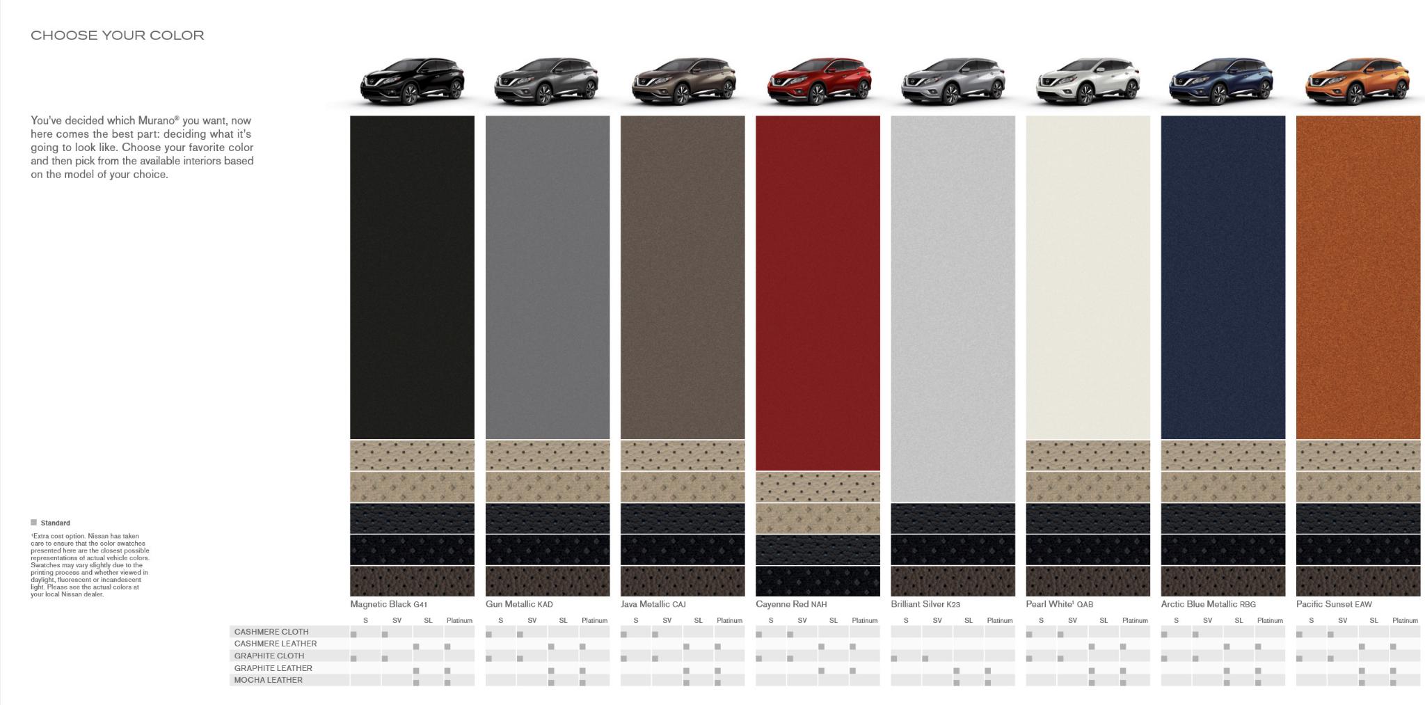 Exterior colors used on a Nissan Murano vehicle