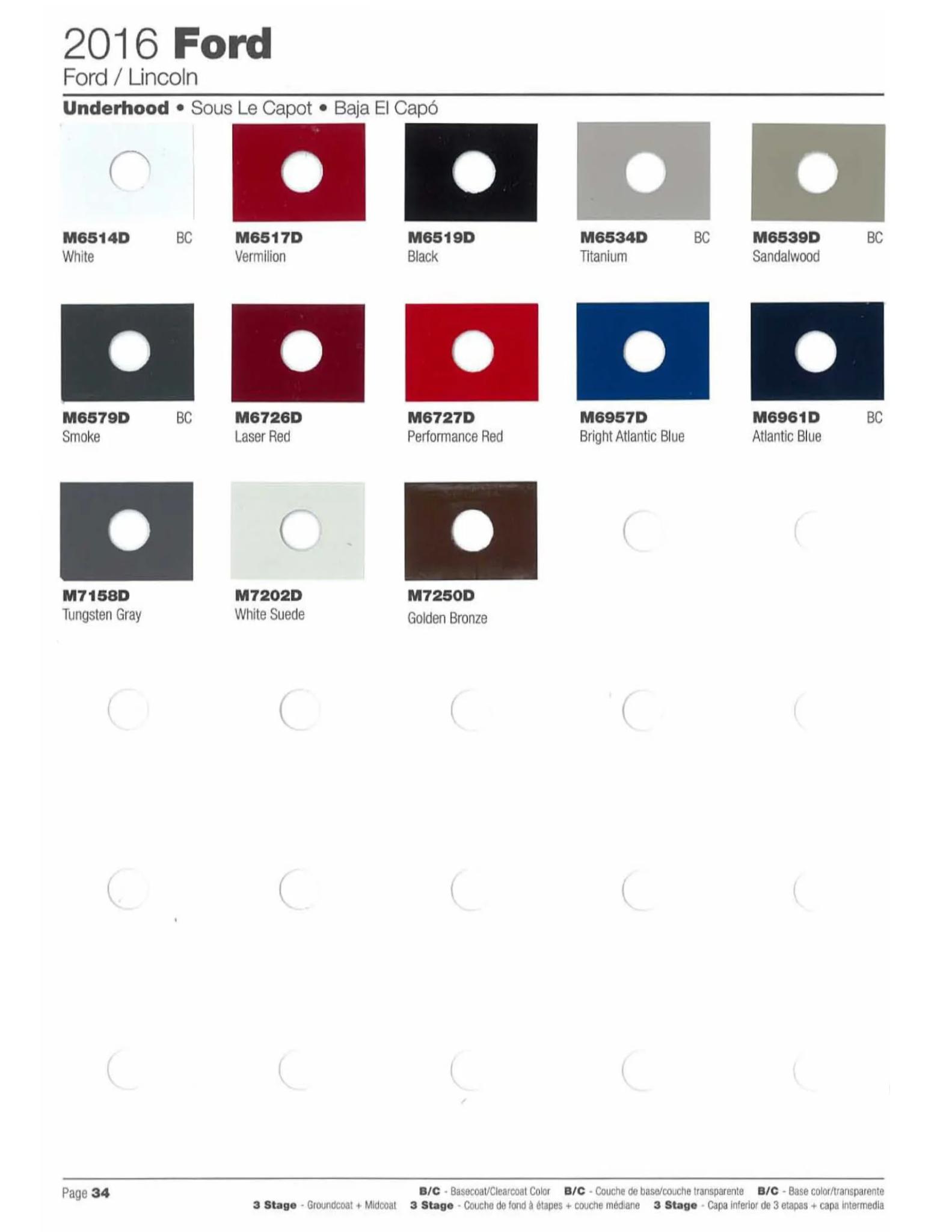 Color swatches, color names and their ordering paint codes for Ford Motor Company vehicles in 2016
