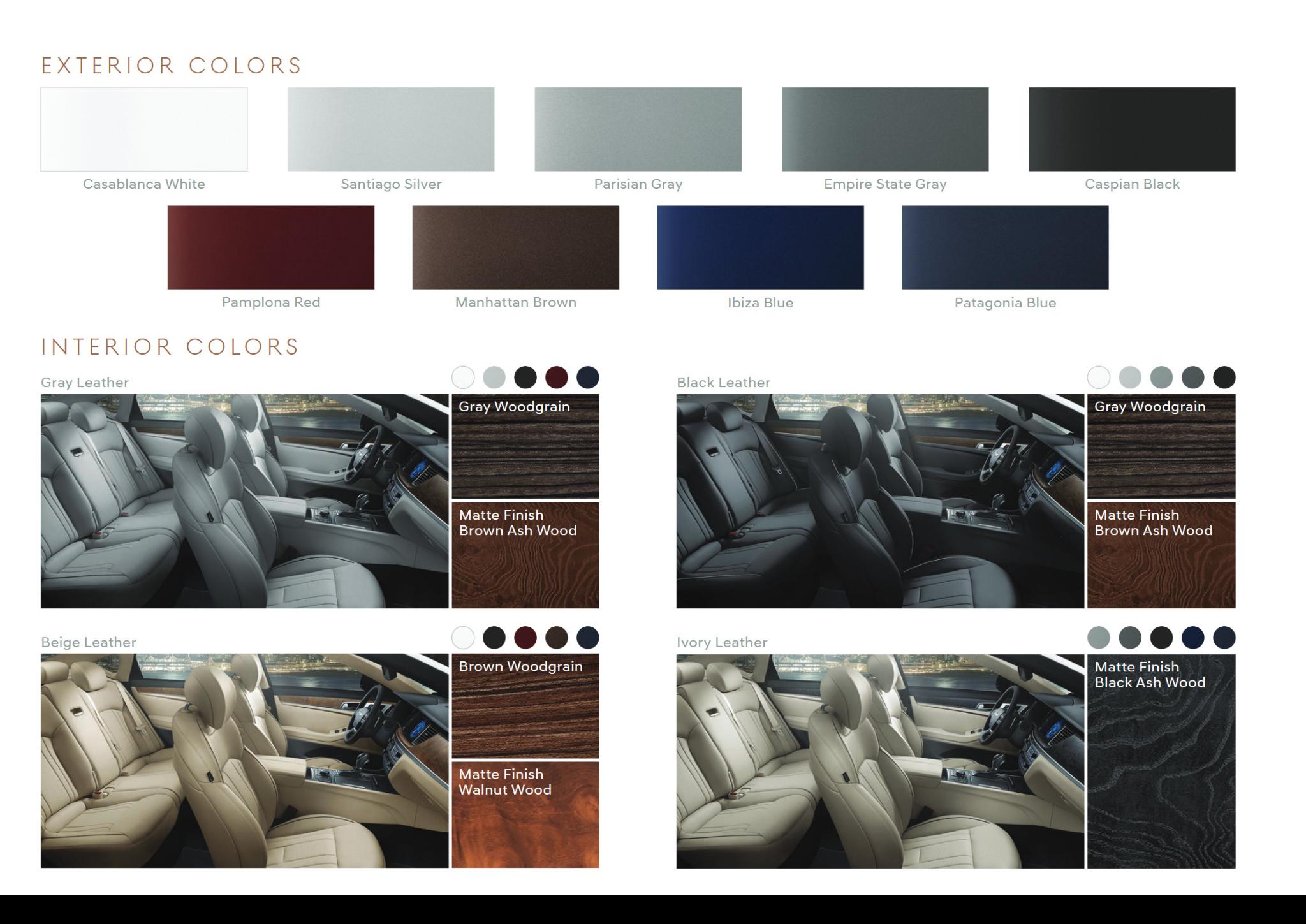 a picture showing the exterior colors and interior colors for a 2017 genesis g80 car
