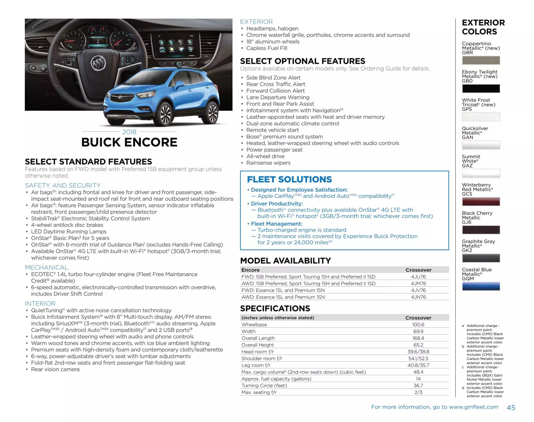 General Motors Sell sheet for Buick Encore Models, and Color Codes in 2018