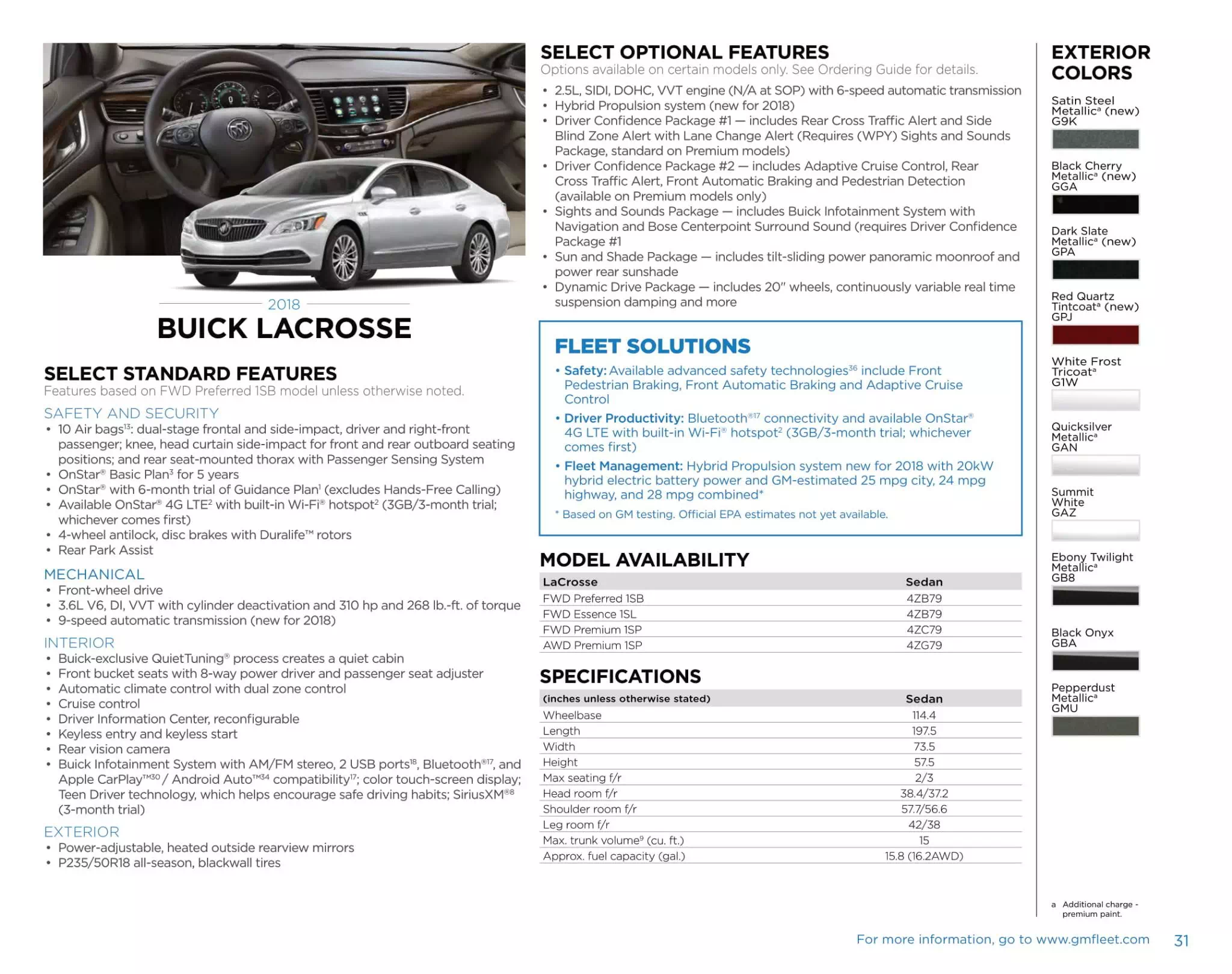 General Motors Sell sheet for Buick Lacrosse Models, and Color Codes in 2018