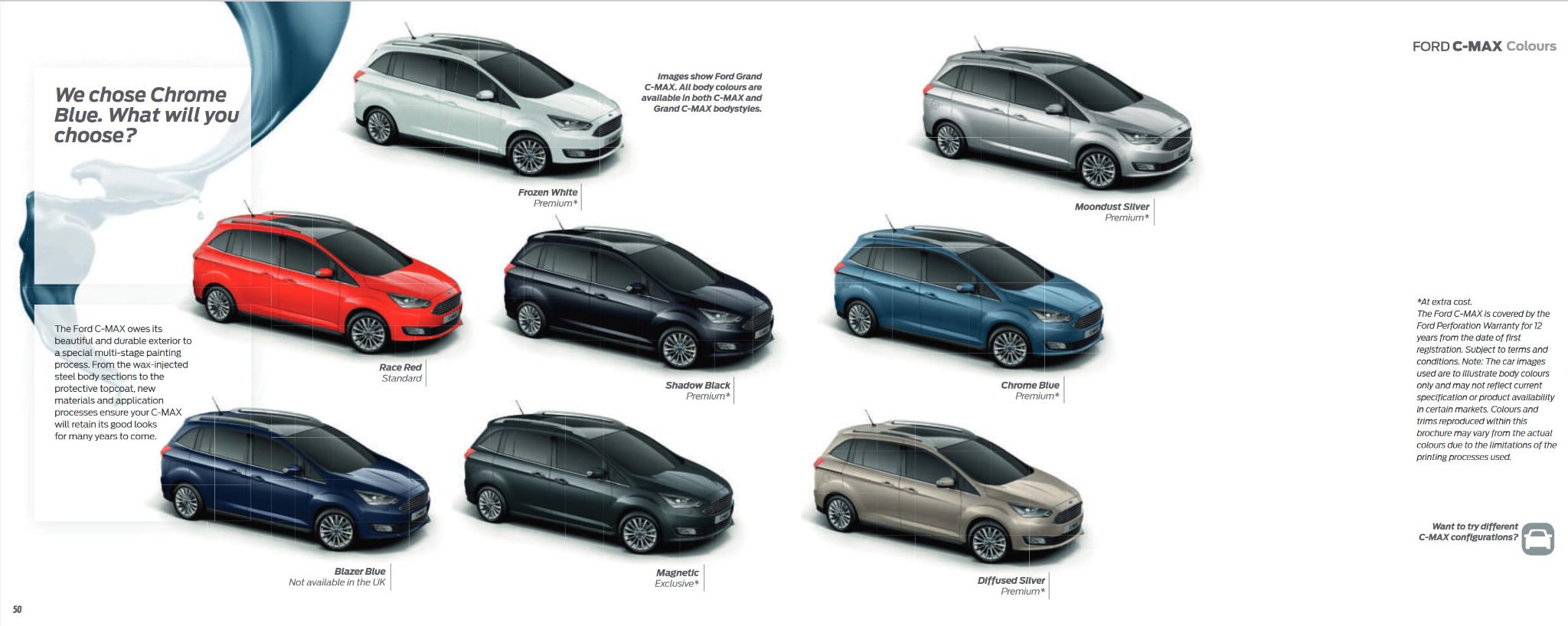 A picture showing exterior and interior paint samples for the 2019 Ford C-max vehicles