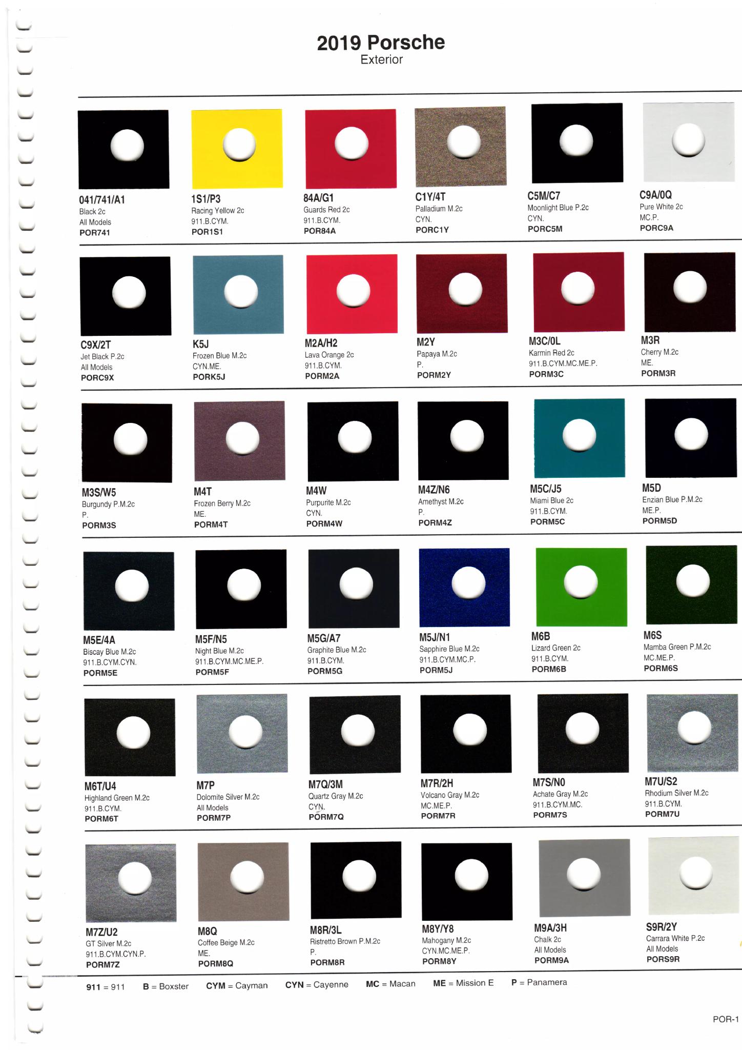 Exterior paint codes and their colors used on all models in 2019
