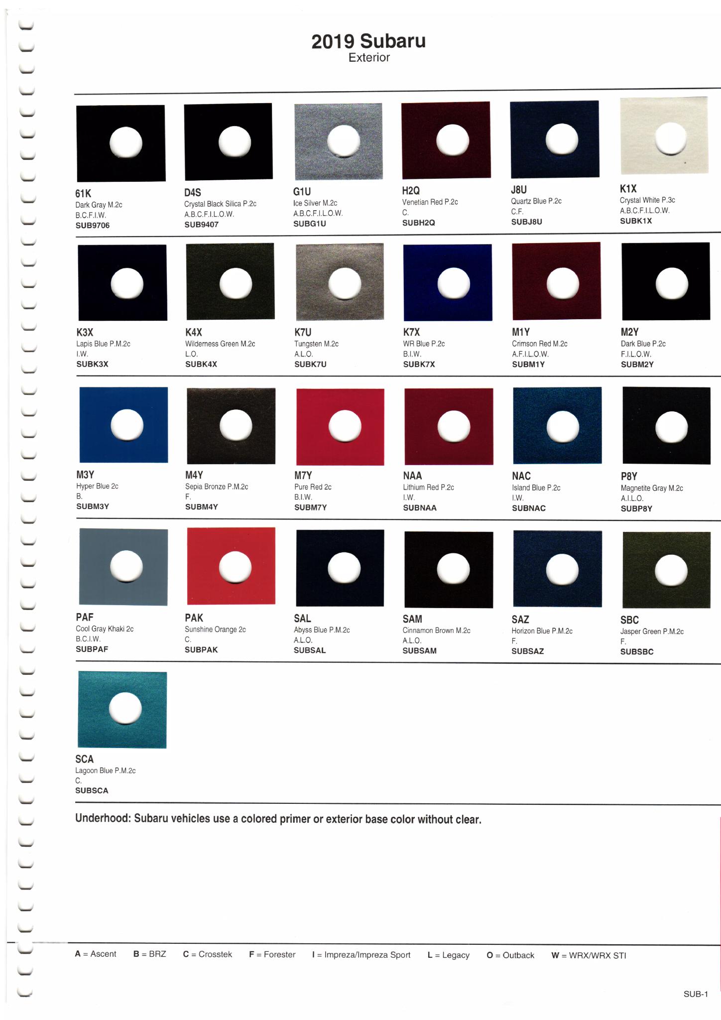 Paint codes for the exterior Color of  subaru vehicles in 2019