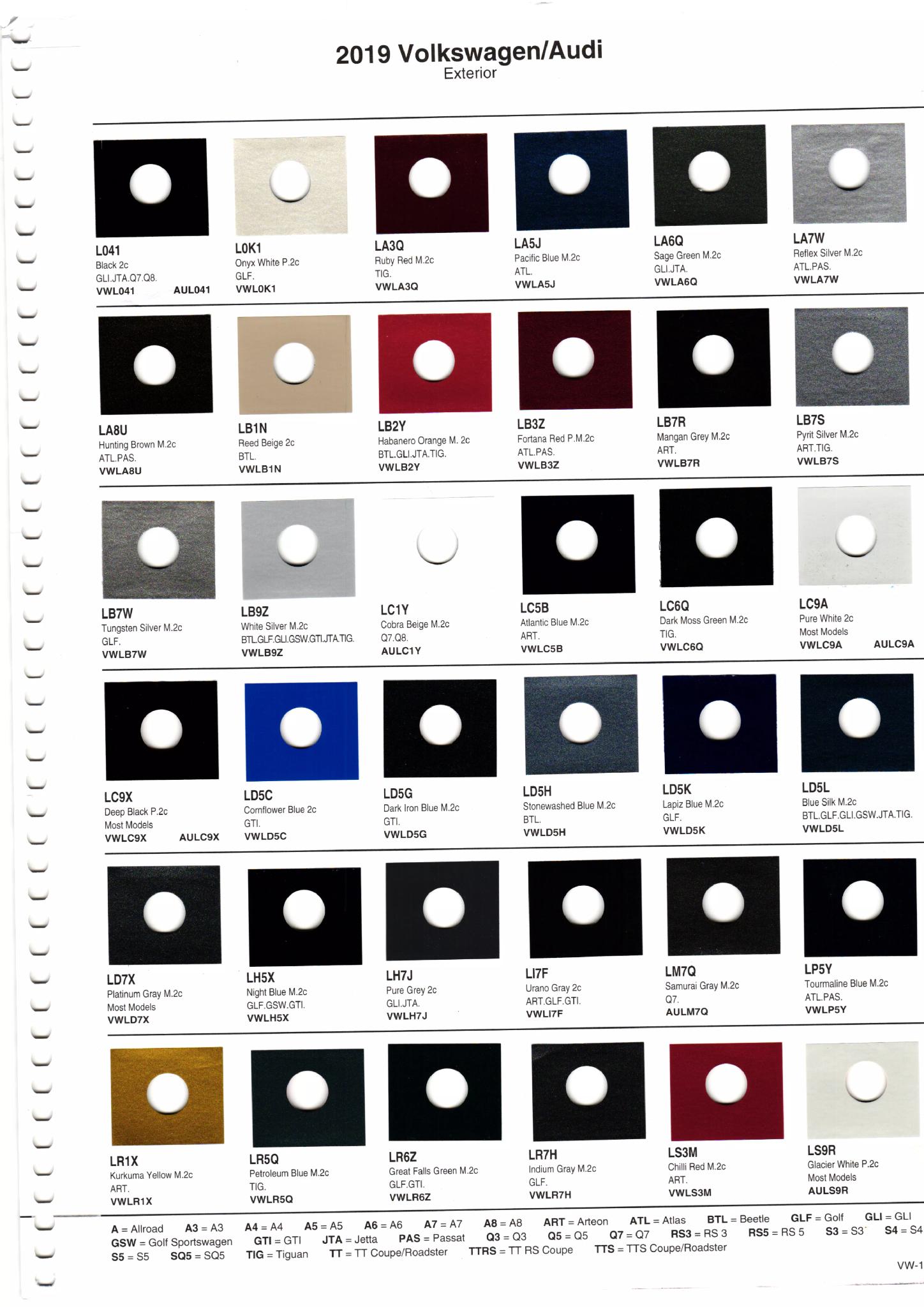 Colors and their codes used on all 2019 Volkswagen and Audi vehicles