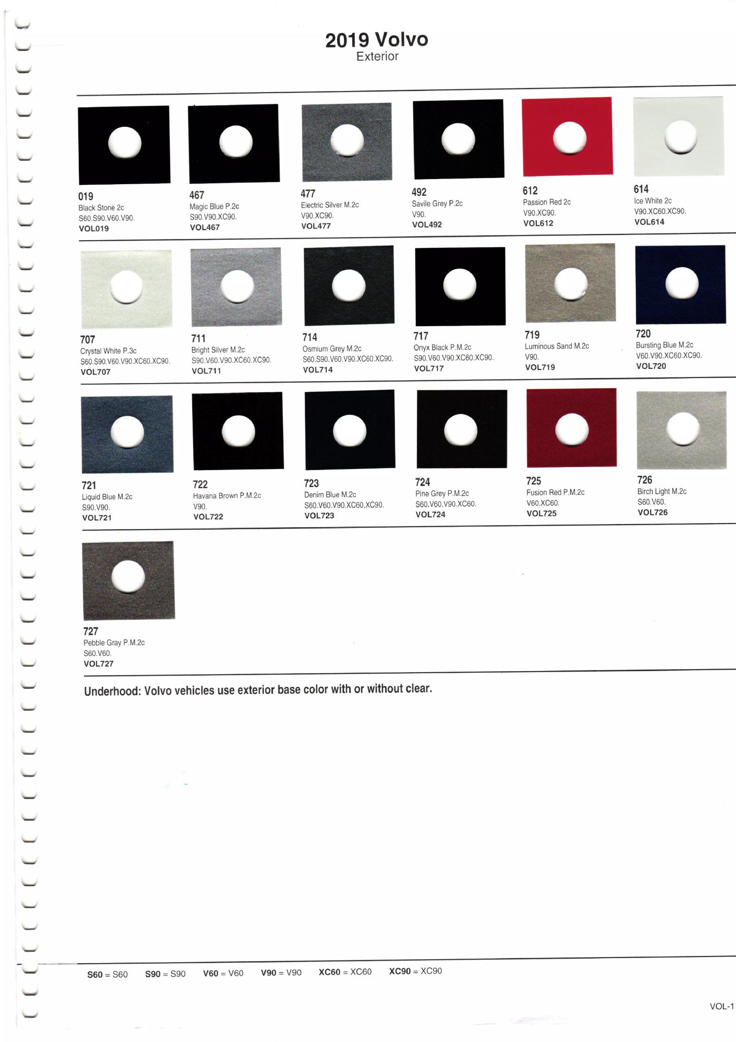Colors and their codes used on all 2019 Volvo Vehicles