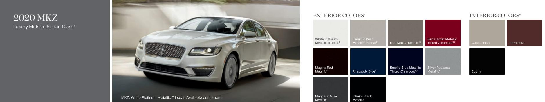 A paint chart showing the color options that the Lincoln MKZ came in for the 2020 year