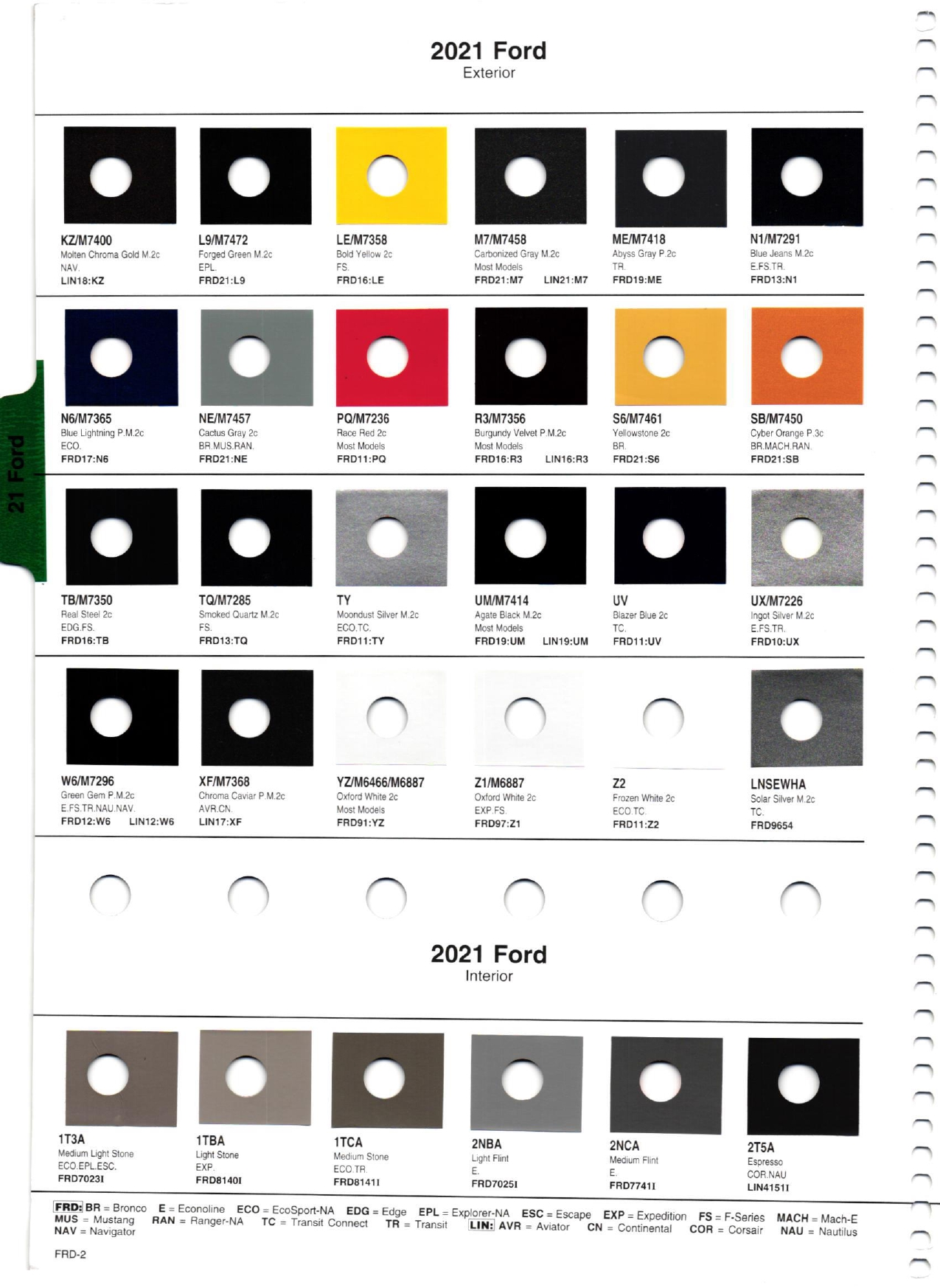 Exterior paint colors for Ford and Lincoln vehicles and their ordering codes and stock numbers