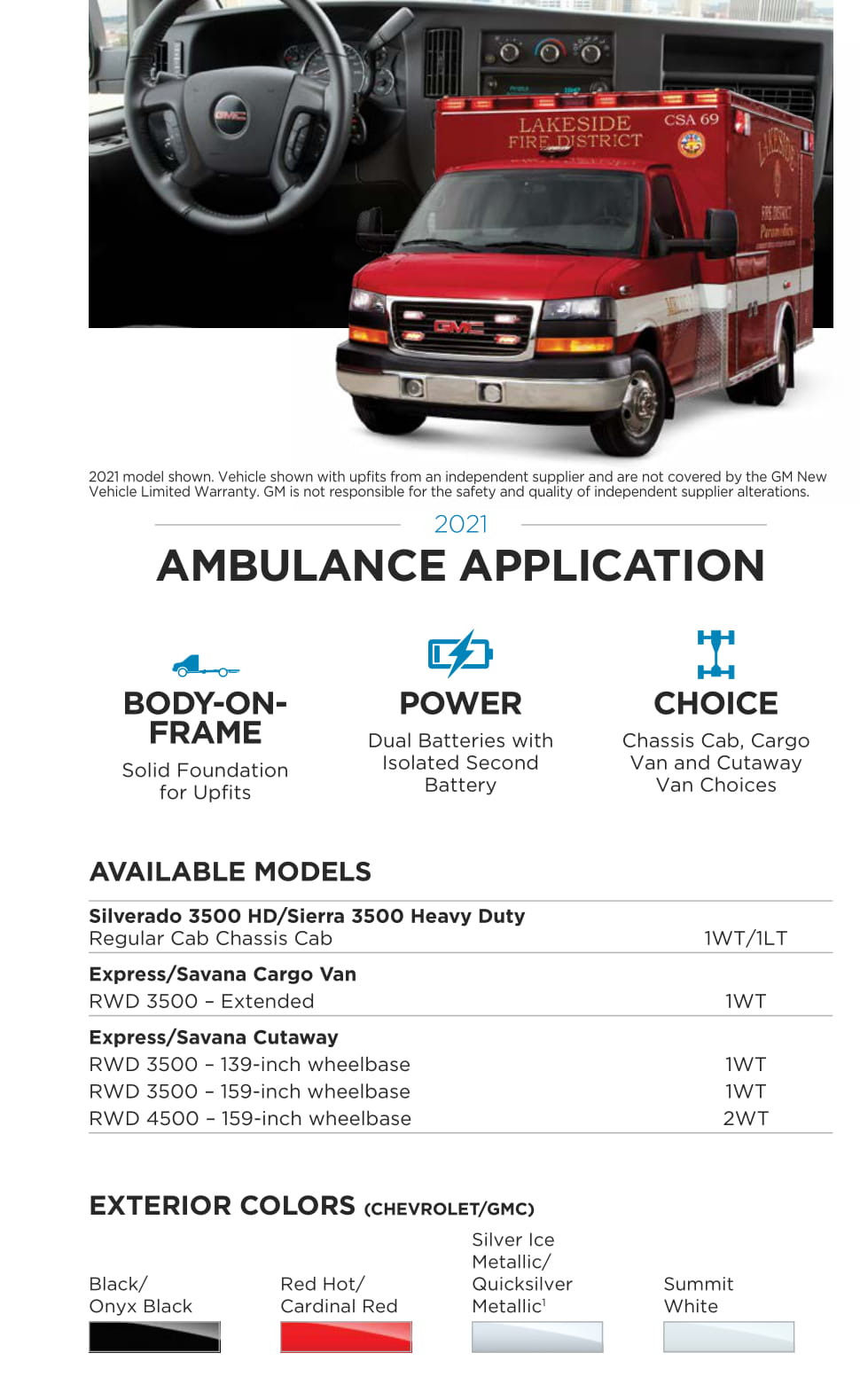 Exterior Colors for the GM Ambulance 3500 Vehicle in 2021