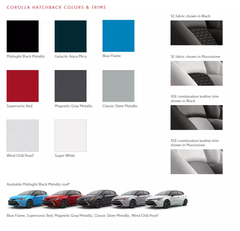 a image that shows colors that the exterior Toyota vehicles came in