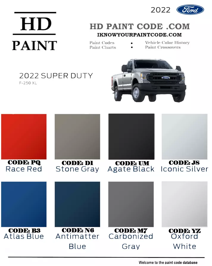 Colors used on the ford f250 xl super duty trucks