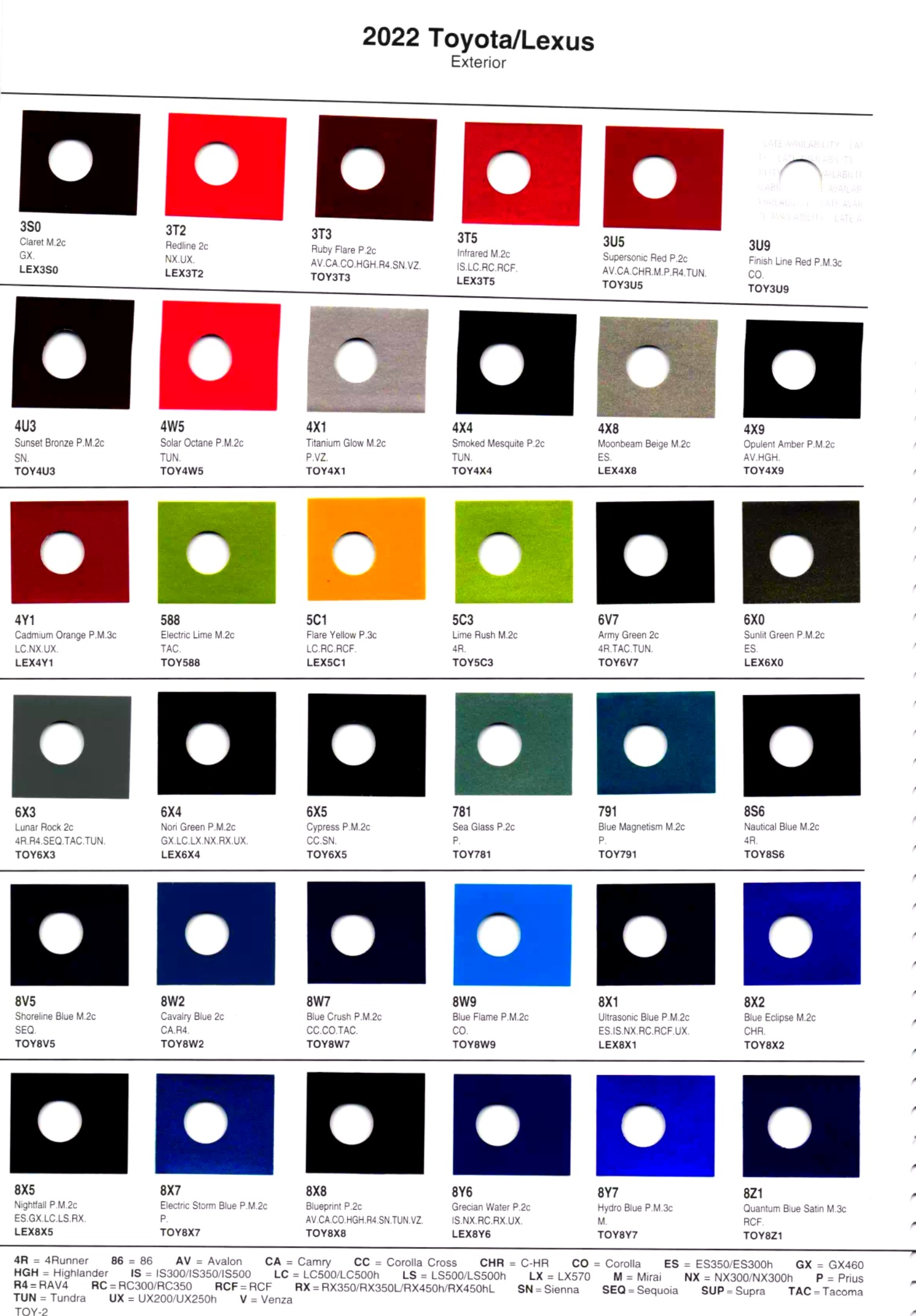 paint codes, color chips/examples of  toyota and lexus vehicles