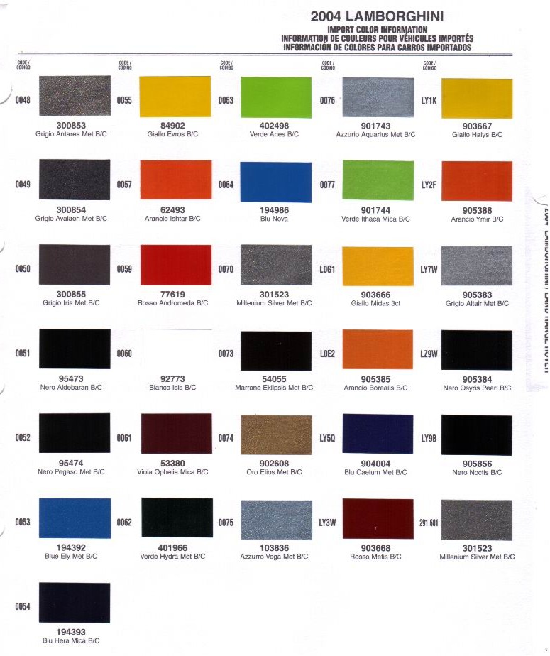 2004 Color Codes for Lambos
